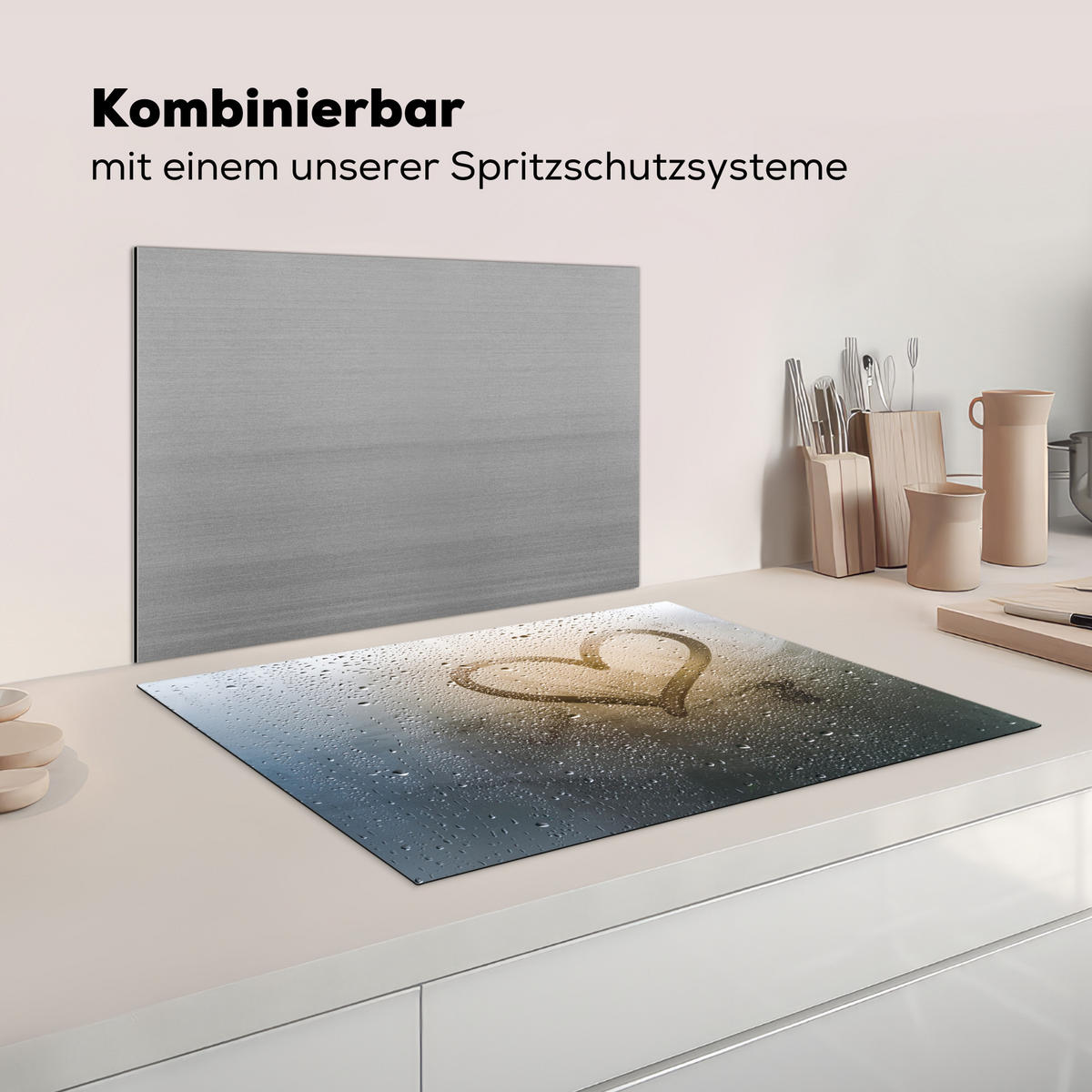 HERDABDECKPLATTE Herz - Kondenswasser - Wasser - 3D Herdabdeckung Induktionsfeld 75x52 cm - Grau, Kunststoff (75/52/0.2cm) - MuchoWow