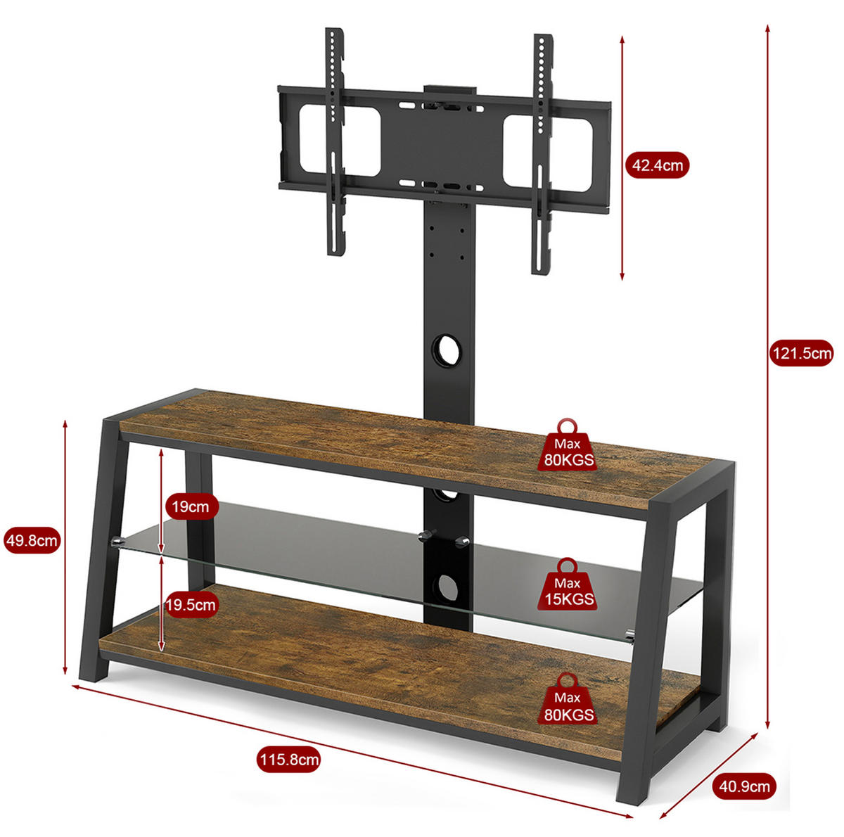 LOWBOARD 116/42/125 cm aus MDF und Metall mit höhenverstellbarem, schwenkbarem TV-Ständer Braun - Braun, Holzwerkstoff (116/125/42cm) - Modenvie