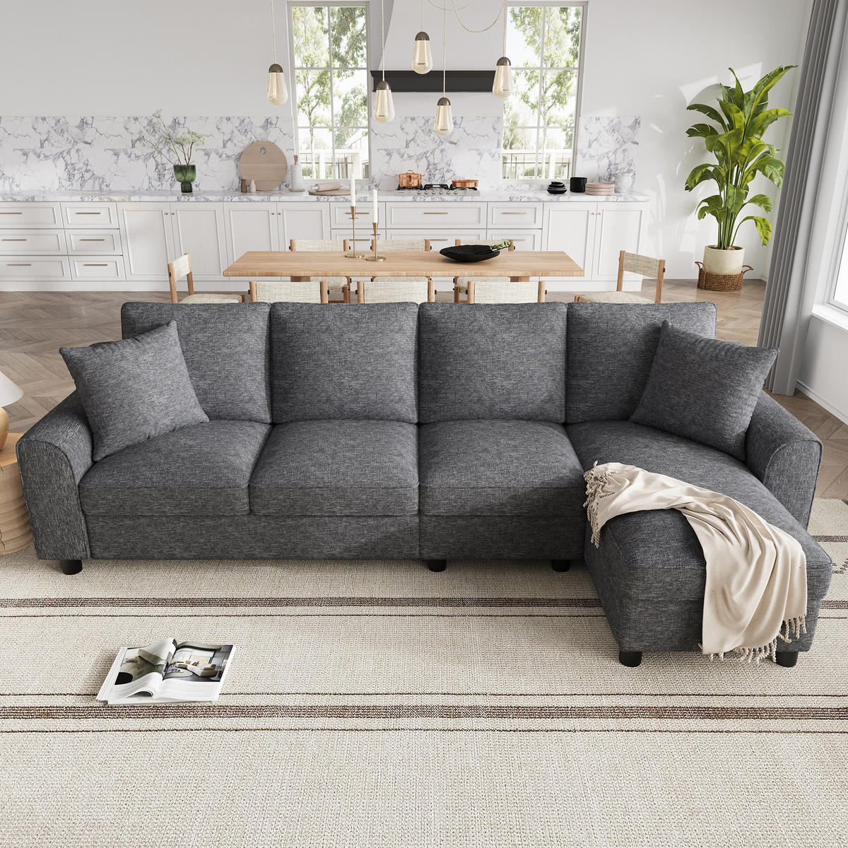 4-SITZER ECKSOFA Chenille Grau mit Stauraum und Getränkehaltern - Grau, Holzwerkstoff/Kunststoff (280/136cm) - WISHDOR