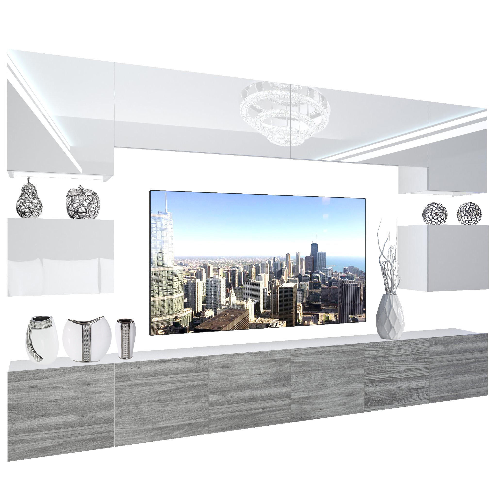 WOHNZIMMERWAND Schrankwand mit LED Weiß / Glamourholz - Weiß/Grau, Holz (300/180/36cm) - B BELINI GROUP