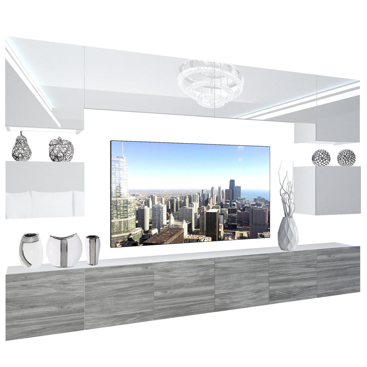 WOHNZIMMERWAND Schrankwand mit LED Weiß / Glamourholz - Weiß/Grau, Holz (300/180/36cm) - B BELINI GROUP