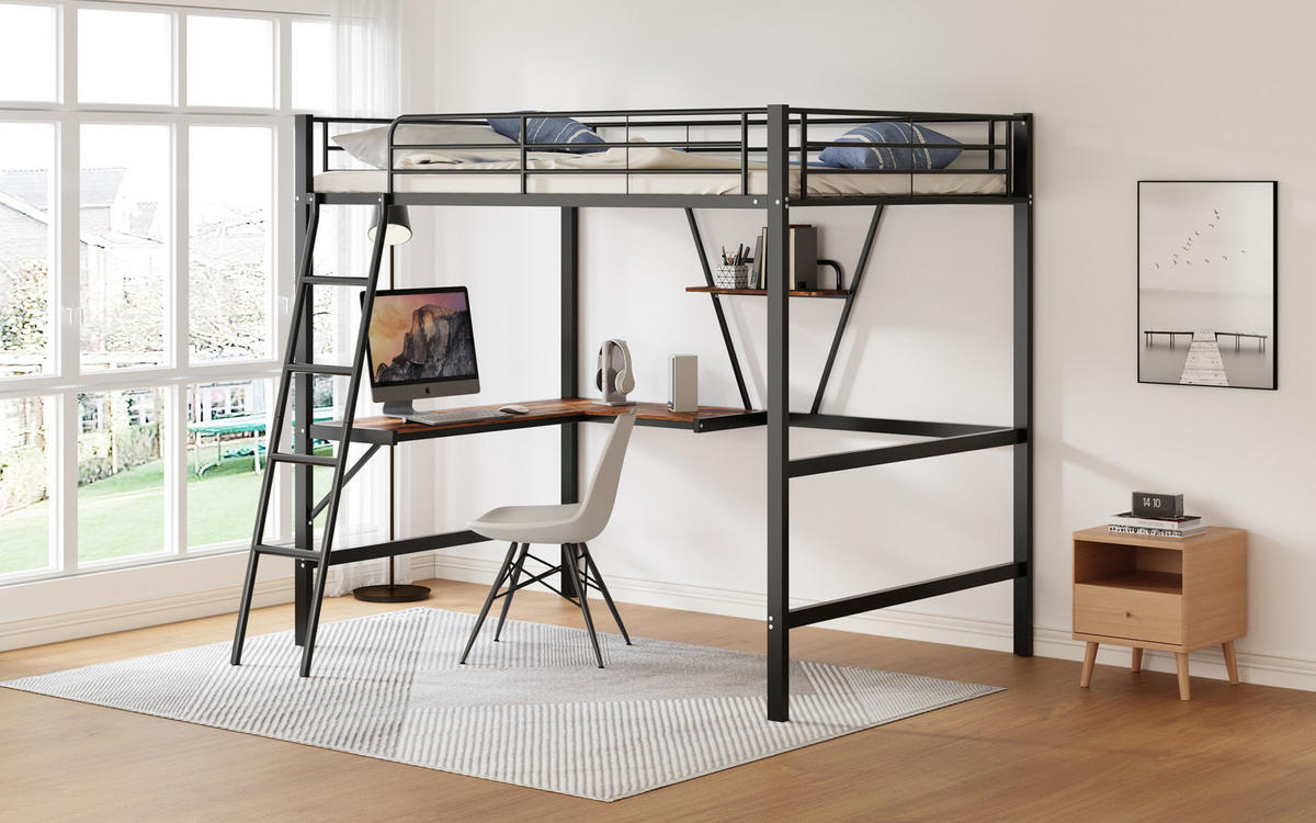 HOCHBETT 90/200 cm aus Metall mit L-Schreibtisch und Regal in Schwarz - Schwarz, Metall (90/200cm) - Flora Grace