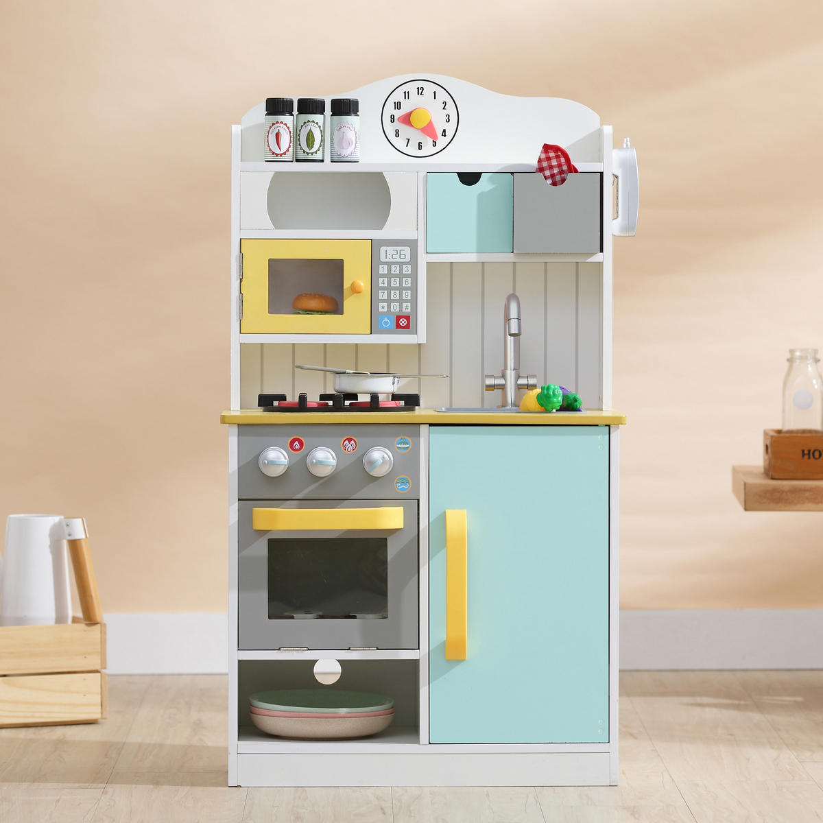 KINDERKÜCHE Spielküche, Grün/Gelb, 90cm - Grün, Holzwerkstoff (55/30/90cm) - Teamson Kids