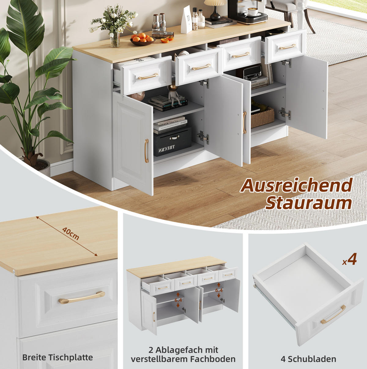 SIDEBOARD 140/40/75 cm weiß/eichefarben aus Spanplatte mit 4 Schubladen und 4 Türen - Weiß, Holzwerkstoff (140/75/40cm) - OKWISH