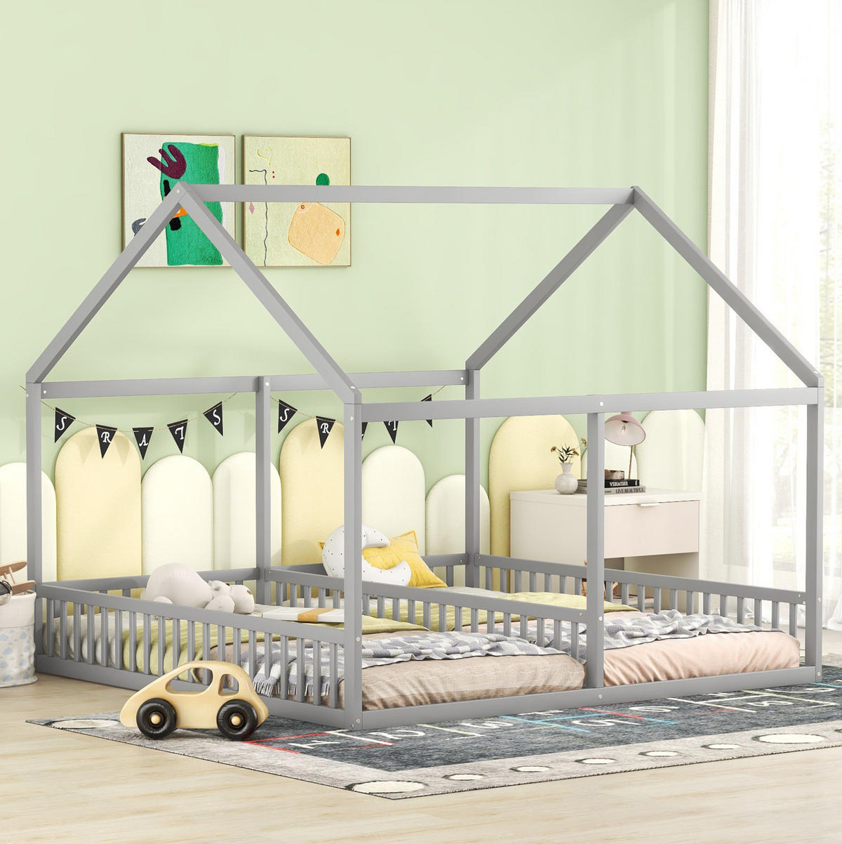 KINDERBETT aus Kiefer 204x187x168 cm Grau 2-in-1 Hausbett mit Schutzgitter - Grau, Holz (90/200cm) - Modfu