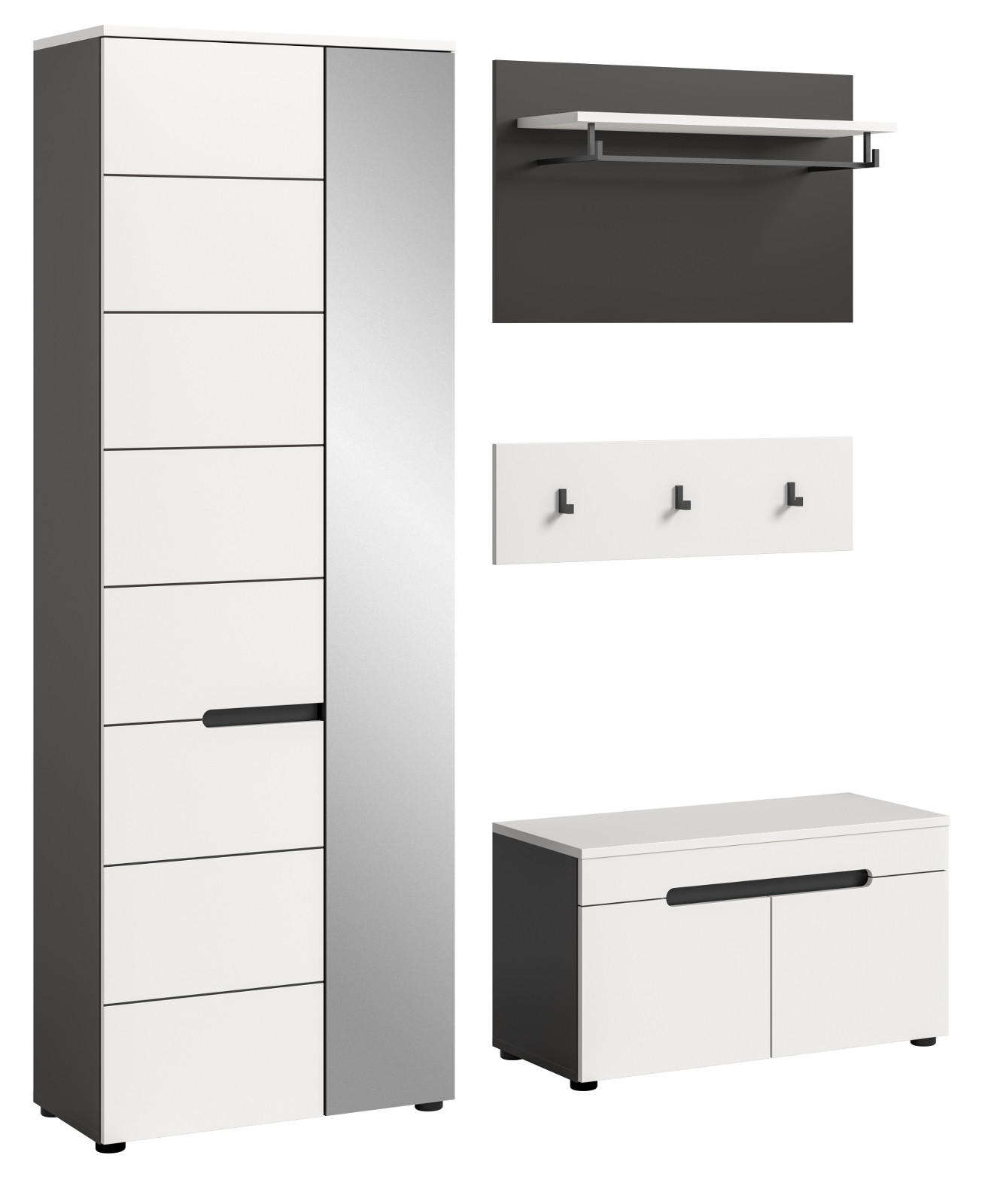 GARDEROBEN-SET 4-teilig in weiß, grau 160 cm, Garderobenkombination mit Soft-Close, Cooper - Schwarz/Weiß, Glas/Holzwerkstoff (160/190/37cm) - Inn.Furn