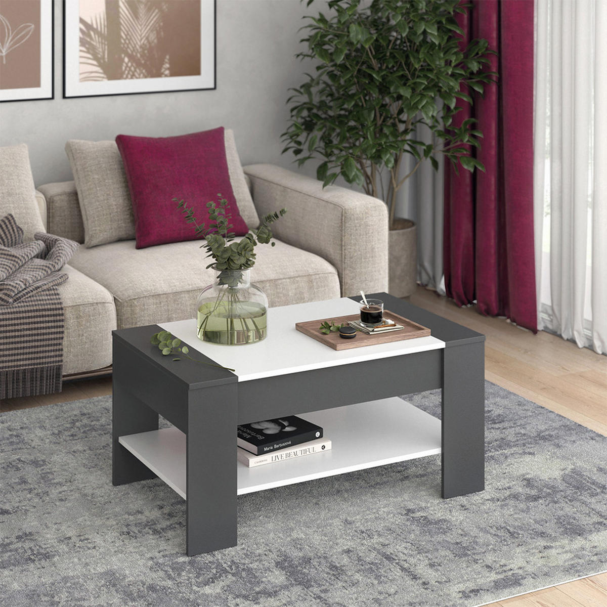 COUCHTISCH August Anthrazit/Weiß 99.6 x 58.8 cm mit Schublade - Anthrazit/Weiß, Holzwerkstoff (58.8/99.6/48.2cm) - Vicco