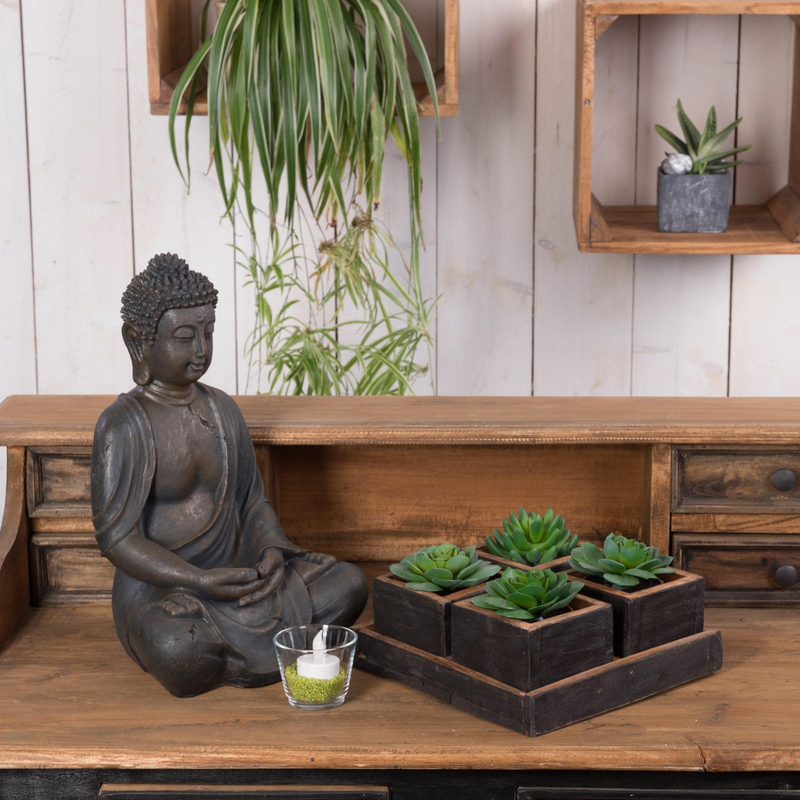 KISTEN-SET Cubo 5-tlg. Massivholz 04 schwarz-natur - Graubraun, Holz (4cm) - DESIGN DELIGHTS