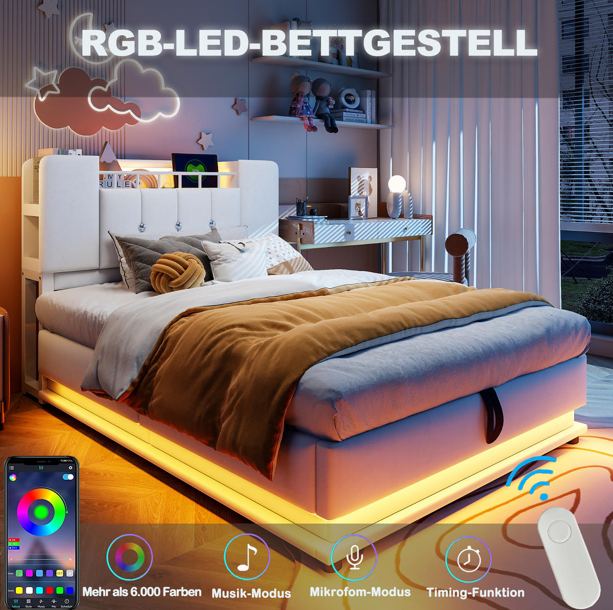 POLSTERBETT 90/200 cm Beige mit LED-Beleuchtung und Stauraum - Beige, Textil (90/200cm) - Flora Grace