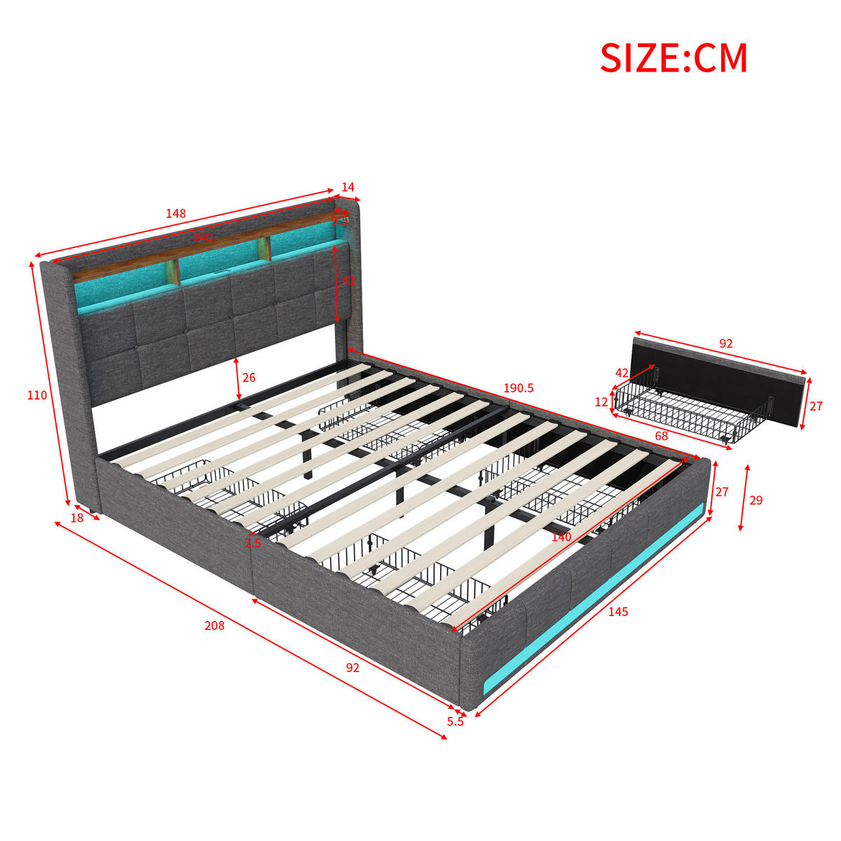 POLSTERBETT 140x190 cm, mit Lattenrost, LED, USB, 4 Schubladen, Grau - Grau, Holz (140/190cm)