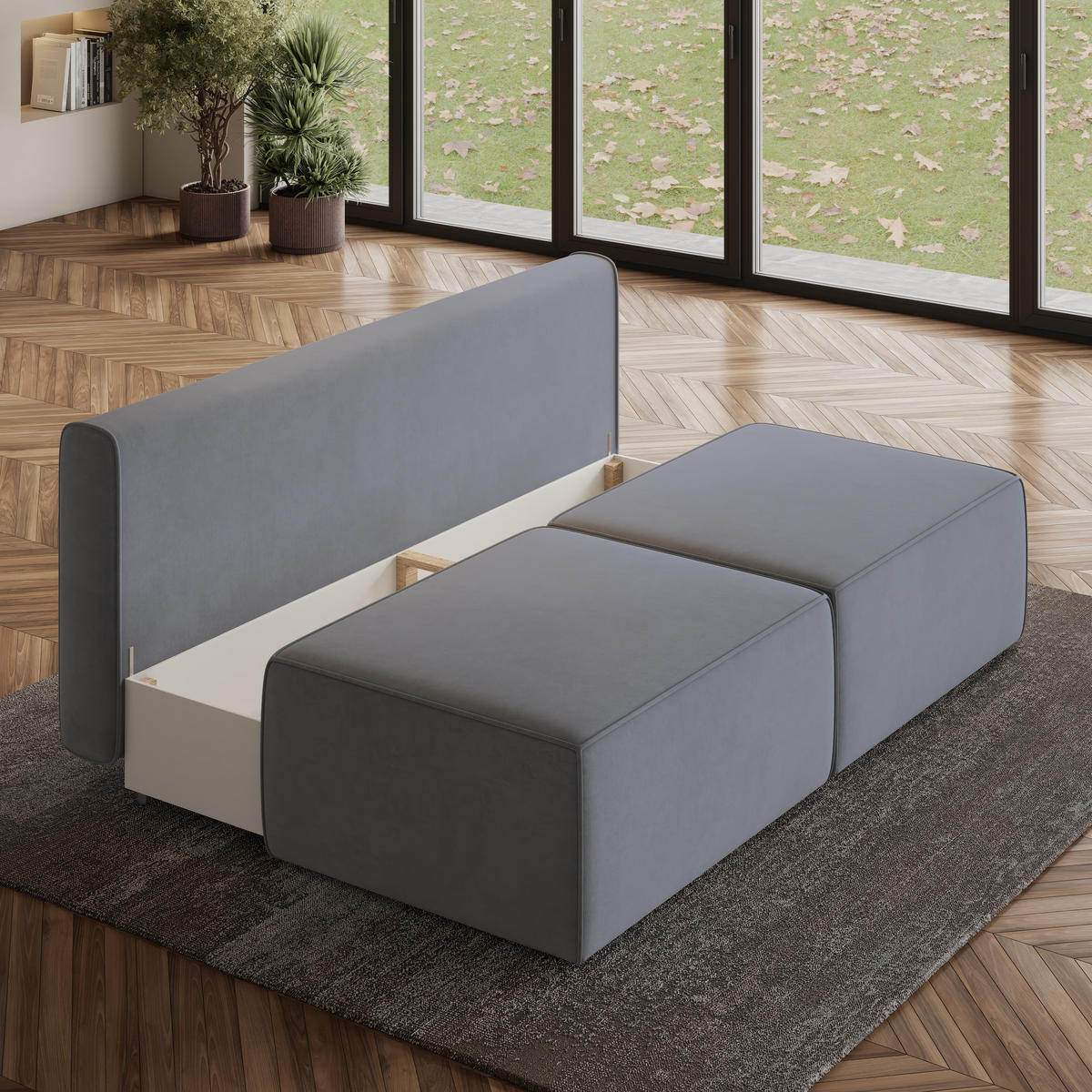 ECKSOFA VARNA M Grau Velours-Stoff mit Schlaffunktion - Grau, Holz (196/158cm) - MASSENO