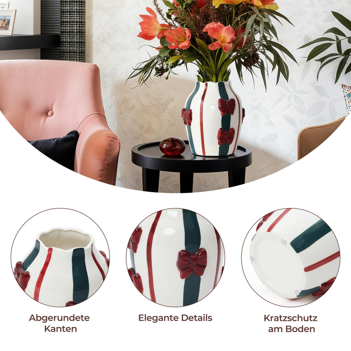 KERAMIKVASE, Schleifen-Design, D9,4 cm, H21 cm - Weiß, Keramik (22cm) - Hometopia