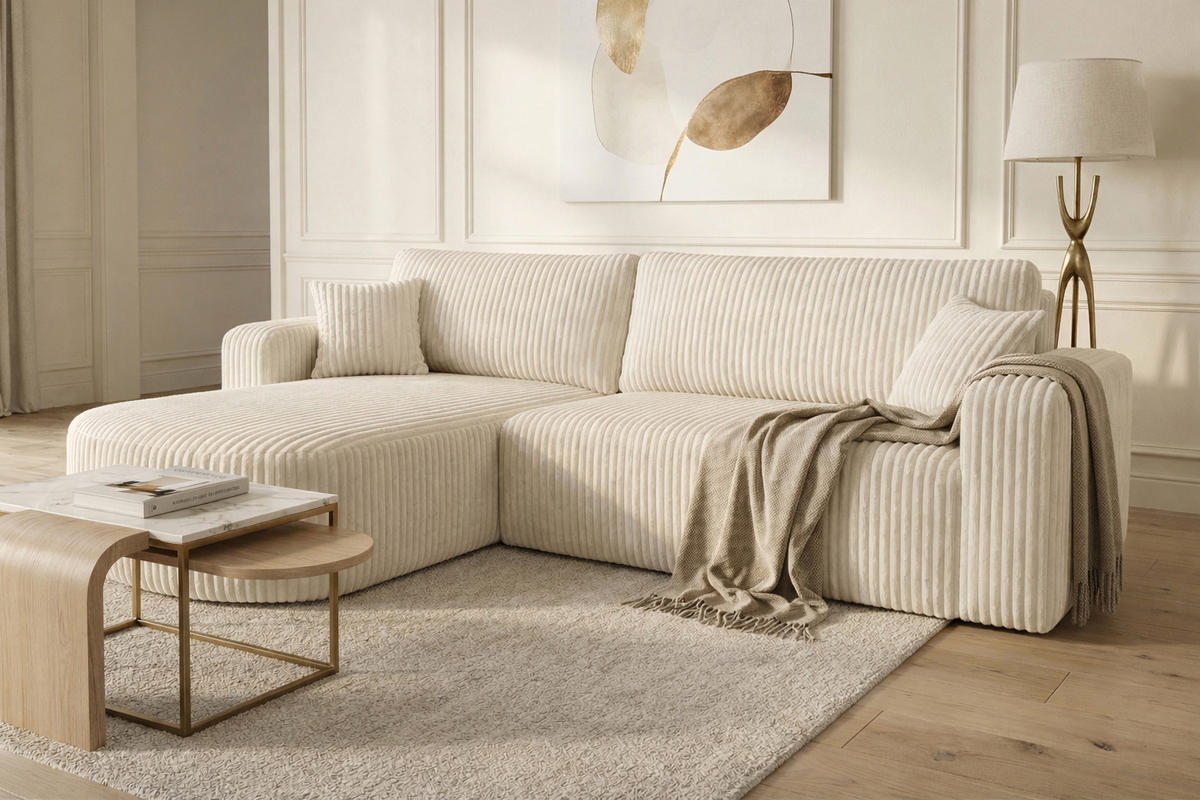 ECKSOFA Mit Schlaffunktion, Cordstoff Tilia, Ecru, Links, ROUND ONE XL - Ecru, Holz (271/175cm) - Kaiser Möbel