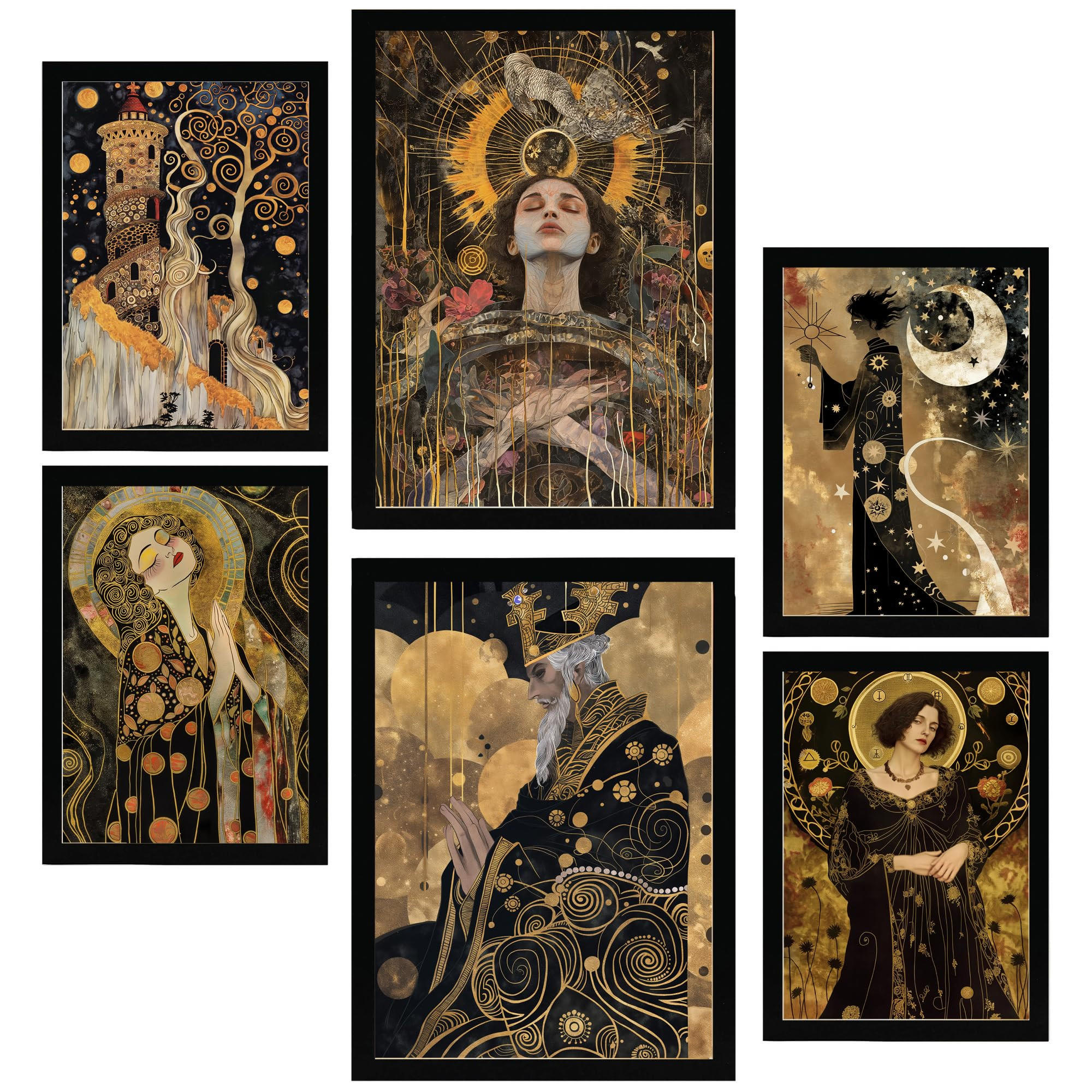 POSTER Set Mit 6 Tarotkarten Arcana Schwarz & Goldfarben A3 & A4 Schwarzer Rahmen - Schwarz, Papier (29/3cm) - Nacnic