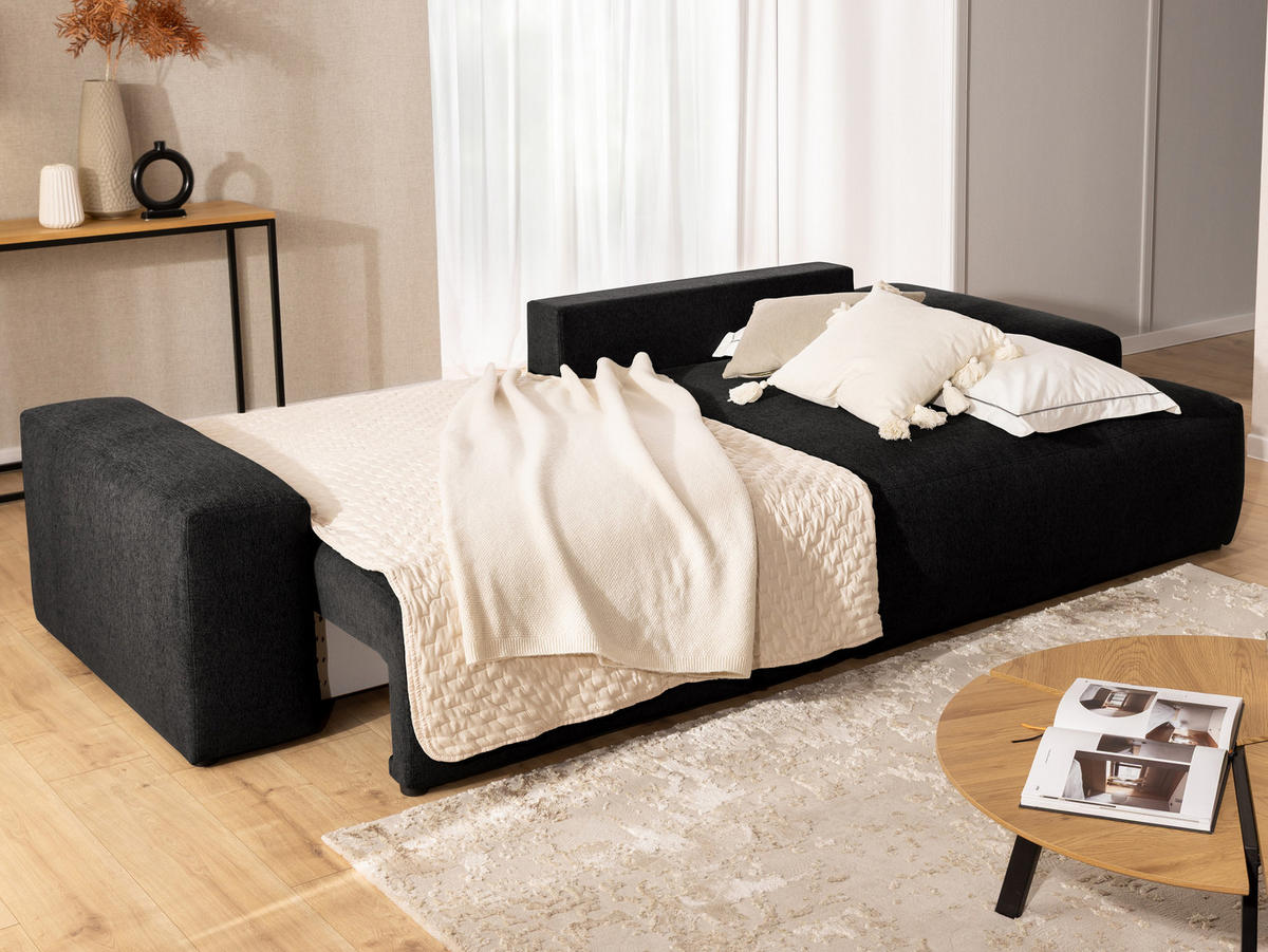 ECKSOFA Lennon aus Schwarz Strukturstoff mit Schlaffunktion und Bettkasten - Schwarz, Holz/Kunststoff (264/137cm) - S-Style