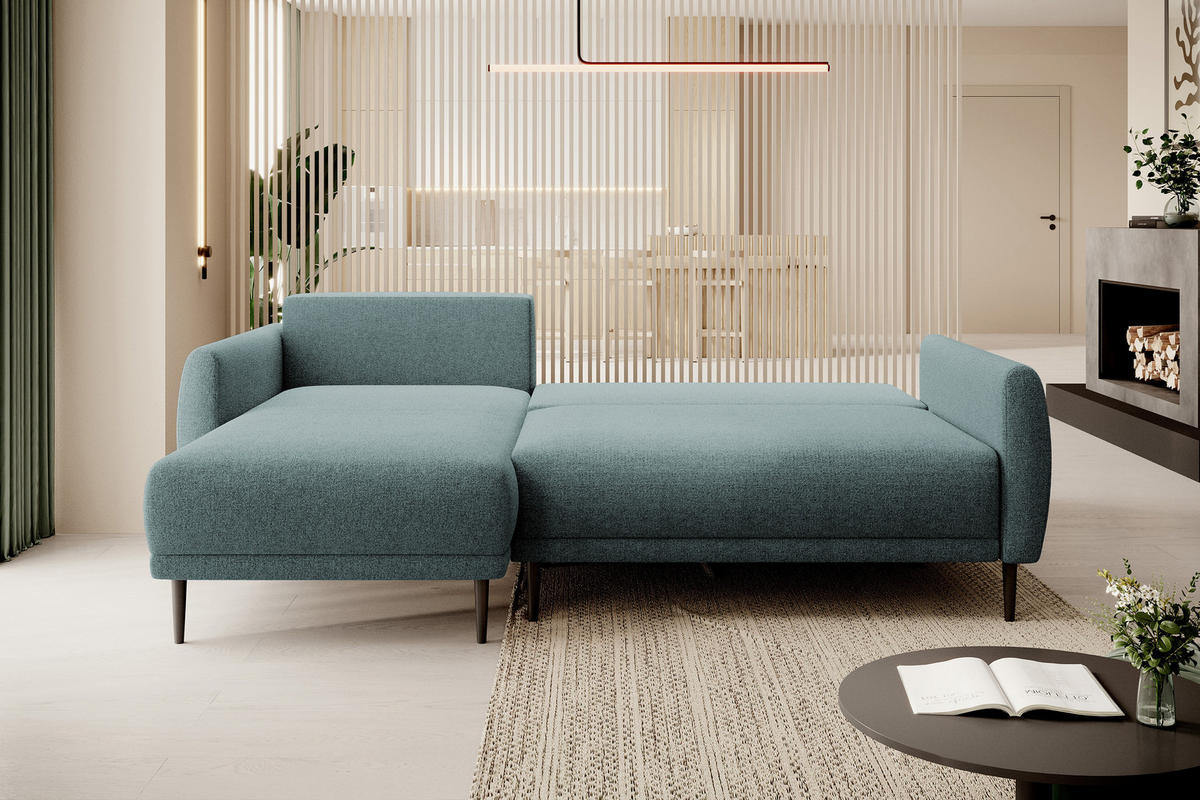 ECKSOFA BONO Stilvolles Sofa mit Schlaffunktion, Robuste Holzfüße, Elegante Armlehnen, Tiefe Sitzfläche 226x164x88cm, Linke, Hellblau - Hellblau, Holz/Textil (164/226cm) - DomoHome