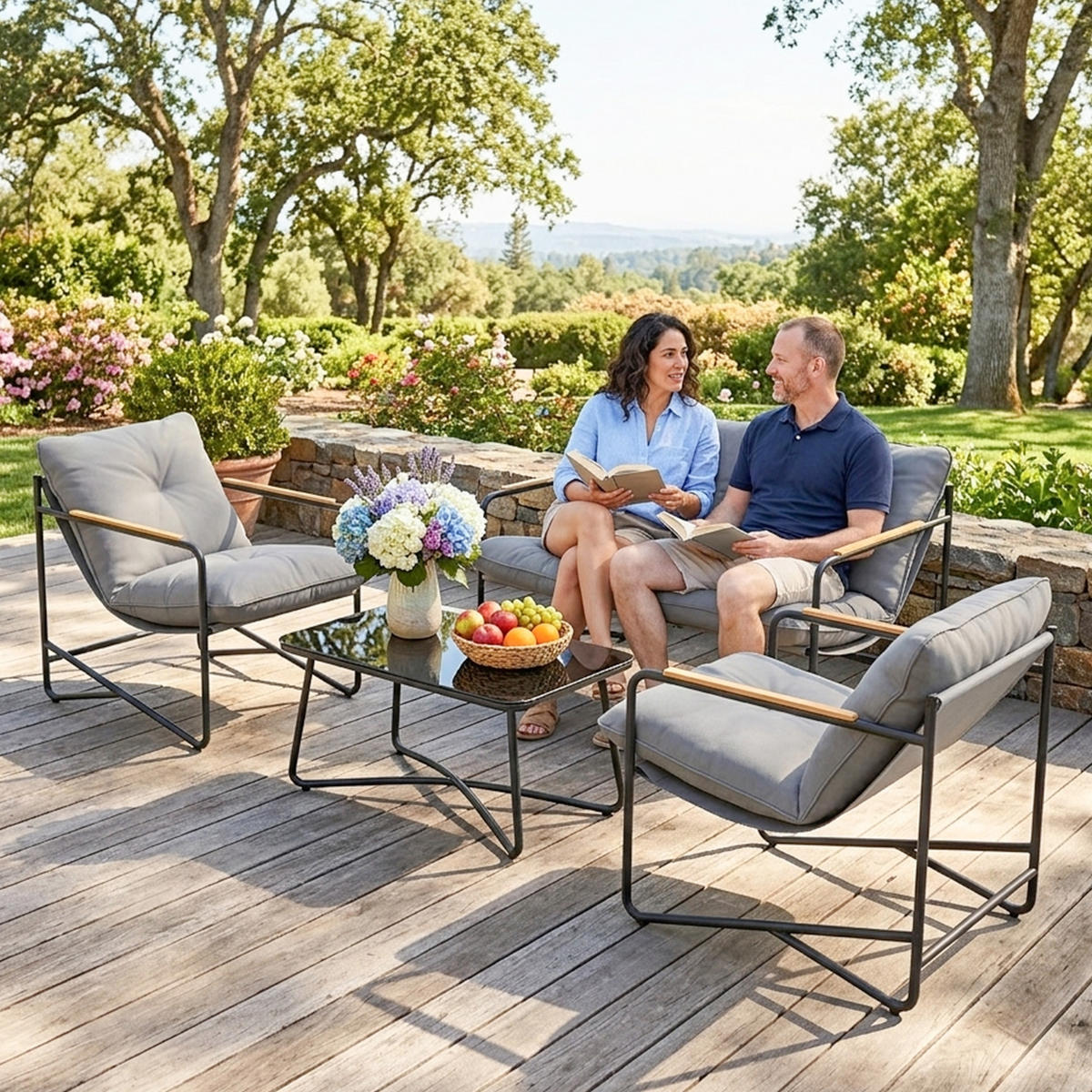 GARTENSET DE-13541 4-teilig mit 13 cm Kissen & Glastisch Hellgrau - Hellgrau, Metall - ComfortXL