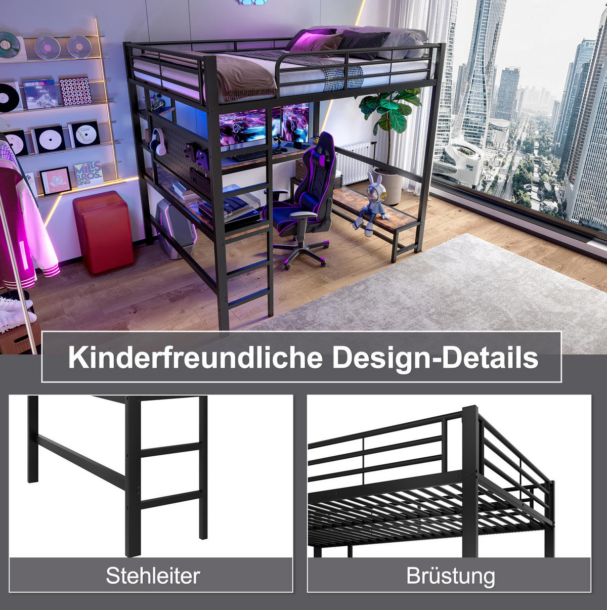 HOCHBETT 140/200 cm, Schwarz mit Schreibtisch, LED und USB-C - Schwarz, Metall (140/200cm) - MIVRAY