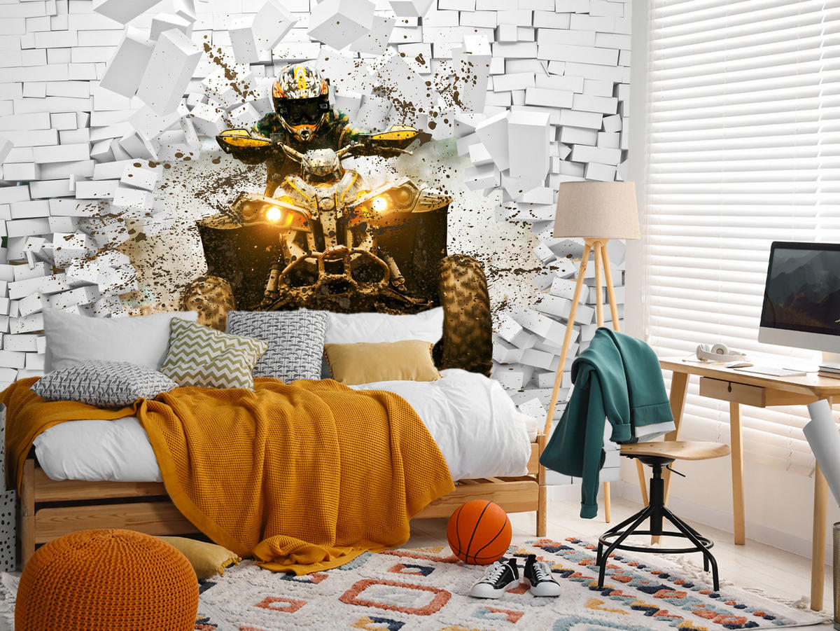 FOTOTAPETE für Büro Schlammbedecktes Quad Durchbricht Backsteinmauer 150x105 - Gelb/Beige, Papier (150/105cm) - Muralo