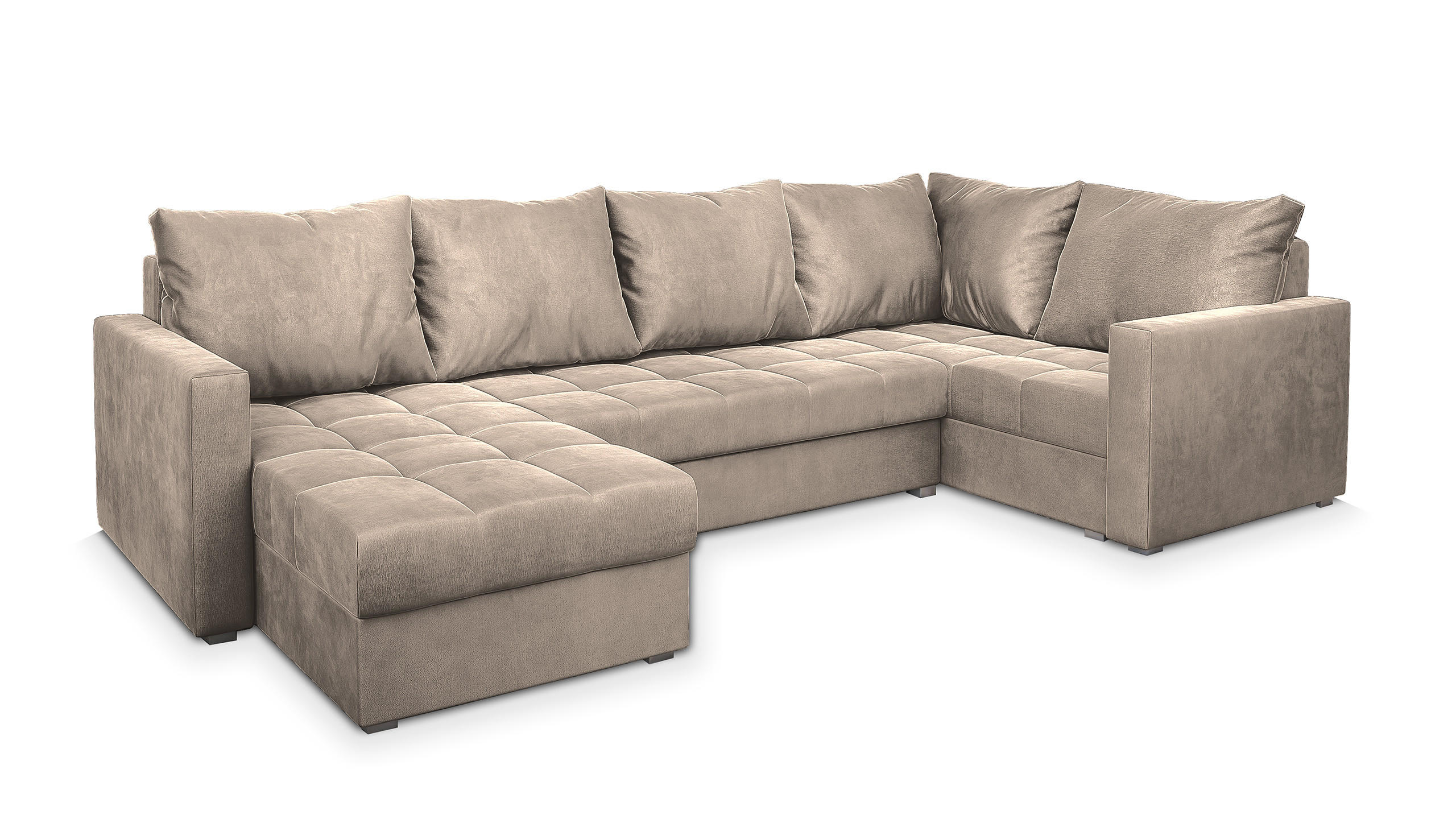 WOHNLANDSCHAFT LORIVO R-S Beige Plüsch-Stoff mit Schlaffunktion - Beige, Holz (285/85/150cm) - MASSENO