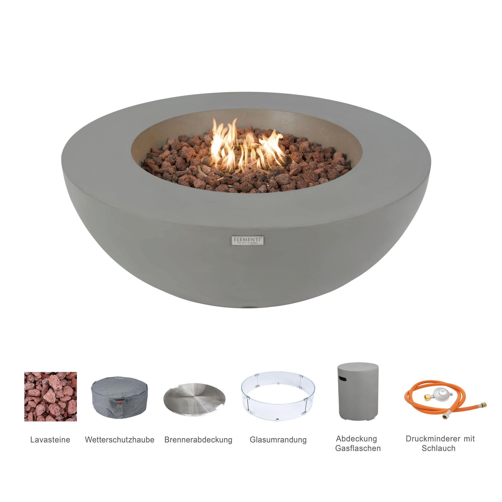 FEUERTISCH LUNAR BOWL Gasfeuerstelle aus GF-Beton - 4-tlg. Set inkl. Glasumrandung, Brennerabdeckung und Gasflaschen-Abdeckung - Hellgrau, Naturmaterialien (107/40/107cm) - Elementi