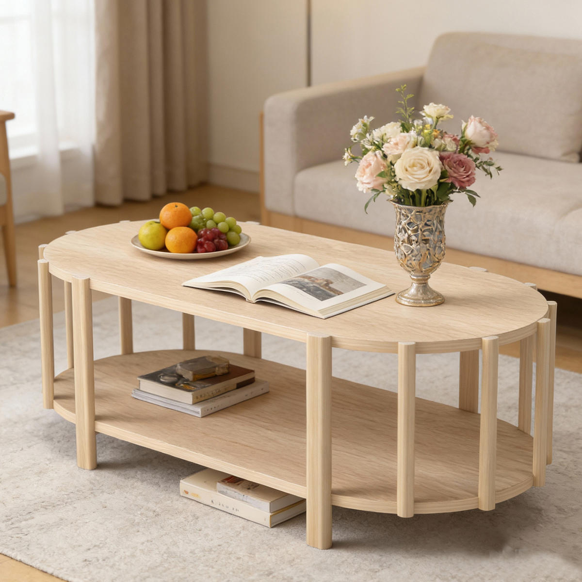 COUCHTISCH Ovaler Stauraum-Tisch 119 cm – Moderner Holzoptik-Couchtisch, Minimalistisches Design, MDF, Holzfarbe - Naturfarben, Holzwerkstoff (119/60/40cm) - Ej. Life