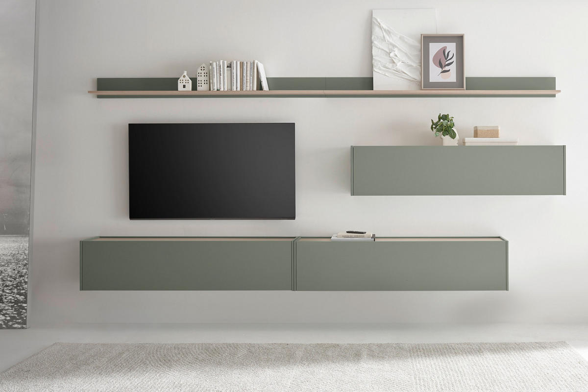 WOHNWAND Salbei grün, Barista Eiche Set 5-teilig mit XXL TV-Board 340 cm - Salbeigrün/Eichefarben, Holzwerkstoff/Metall (340/180/30cm) - Furn.Design