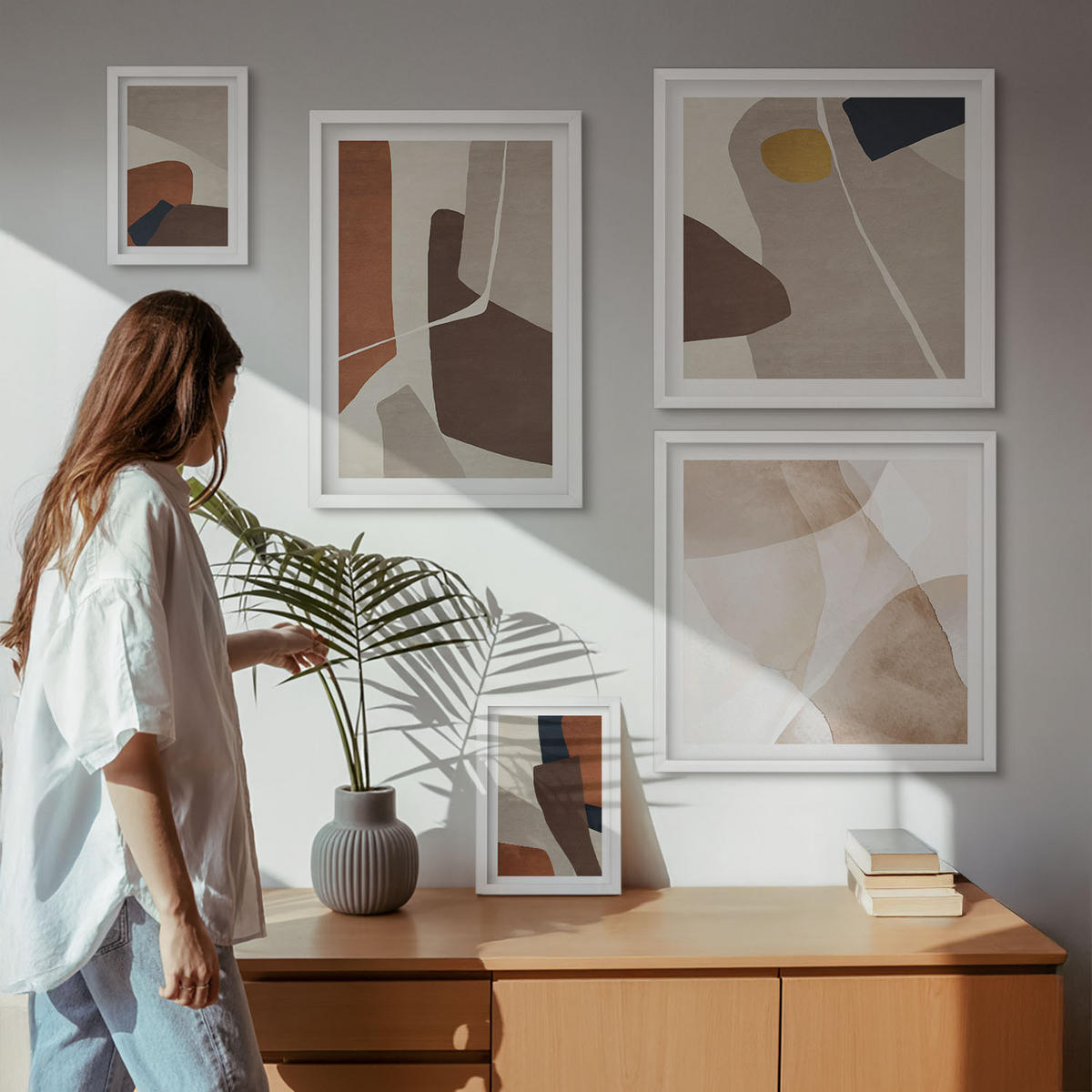 BILDER SET 5er Set - 50x50 cm & 20x30 cm & 40x60 cm Weißer Rahmen - Abstrakte moderne Formen - Weiß, Kunststoff (40/60cm) - TULUP