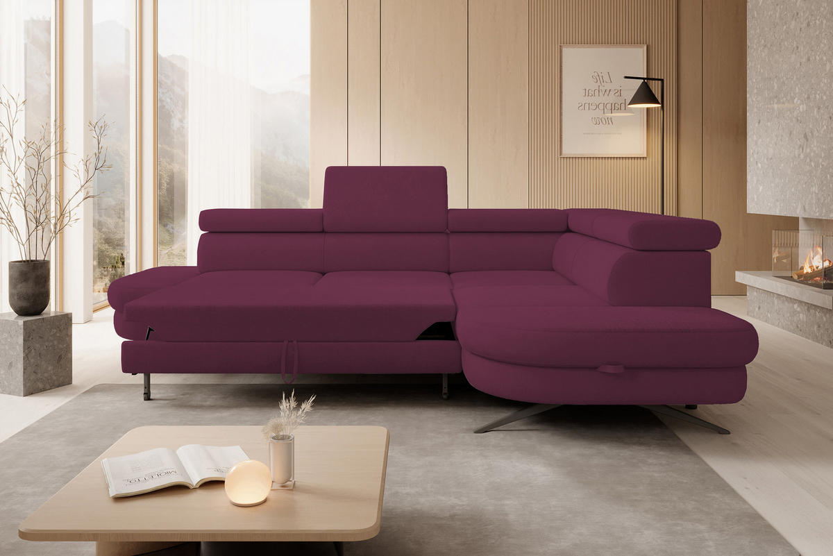 ECKSOFA OTIS L-förm, Schlaffunktion, verstellbare Kopfstützen, in AURORA-Stoff, lose Rückenkissen, freistehend, RECHTS 276x218x97 cm Purple - Lila, Holz/Textil (276/218cm) - DomoHome
