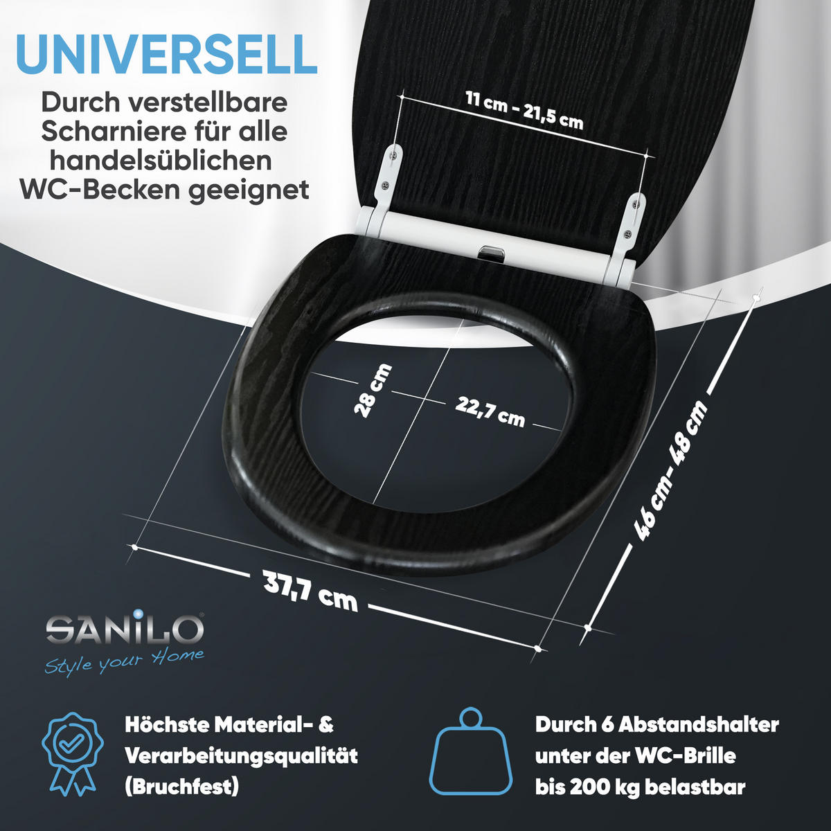 WC-SITZ mit Absenkautomatik & Top Fix Black Wood - Schwarz, Holzwerkstoff (37.7/5.5/48cm) - Sanilo