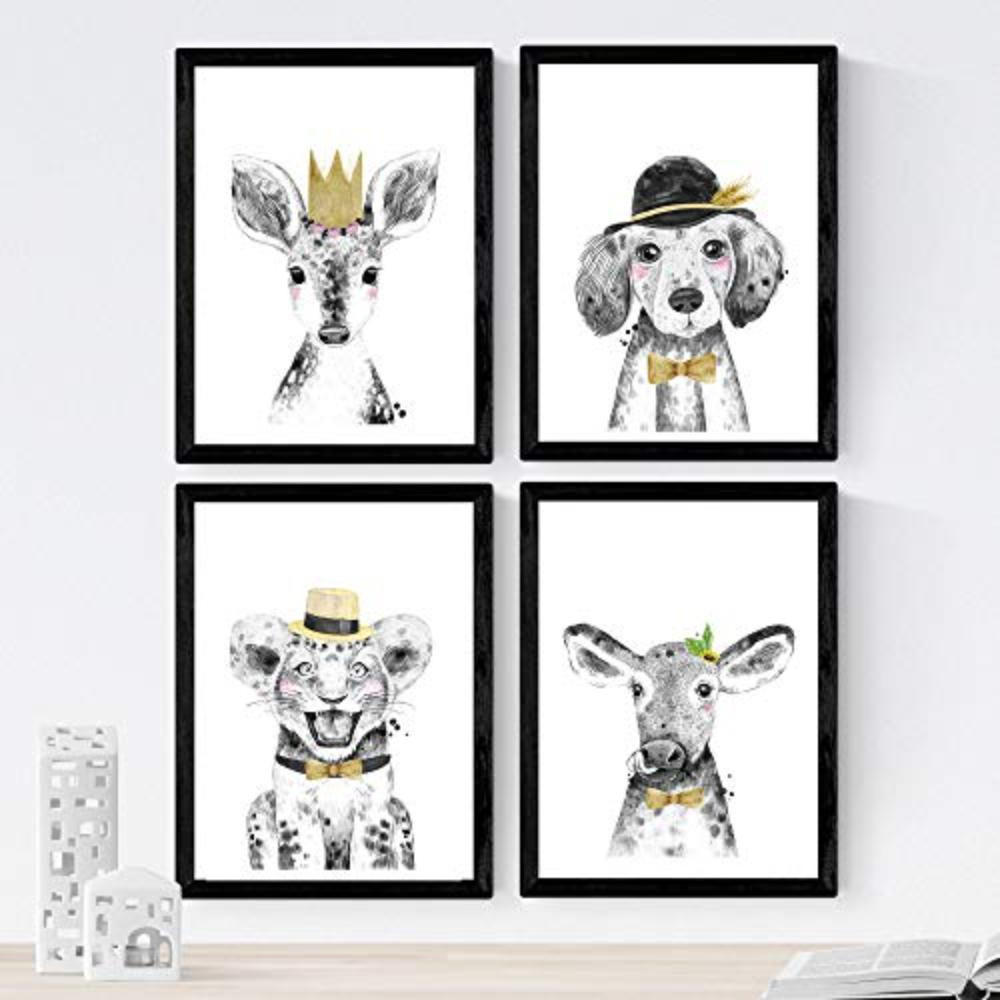 POSTER Set mit 4 von Kindern Tieren gelbe Töne A3 Rahmenlos - Klar, Papier (29.7/3cm) - Nacnic