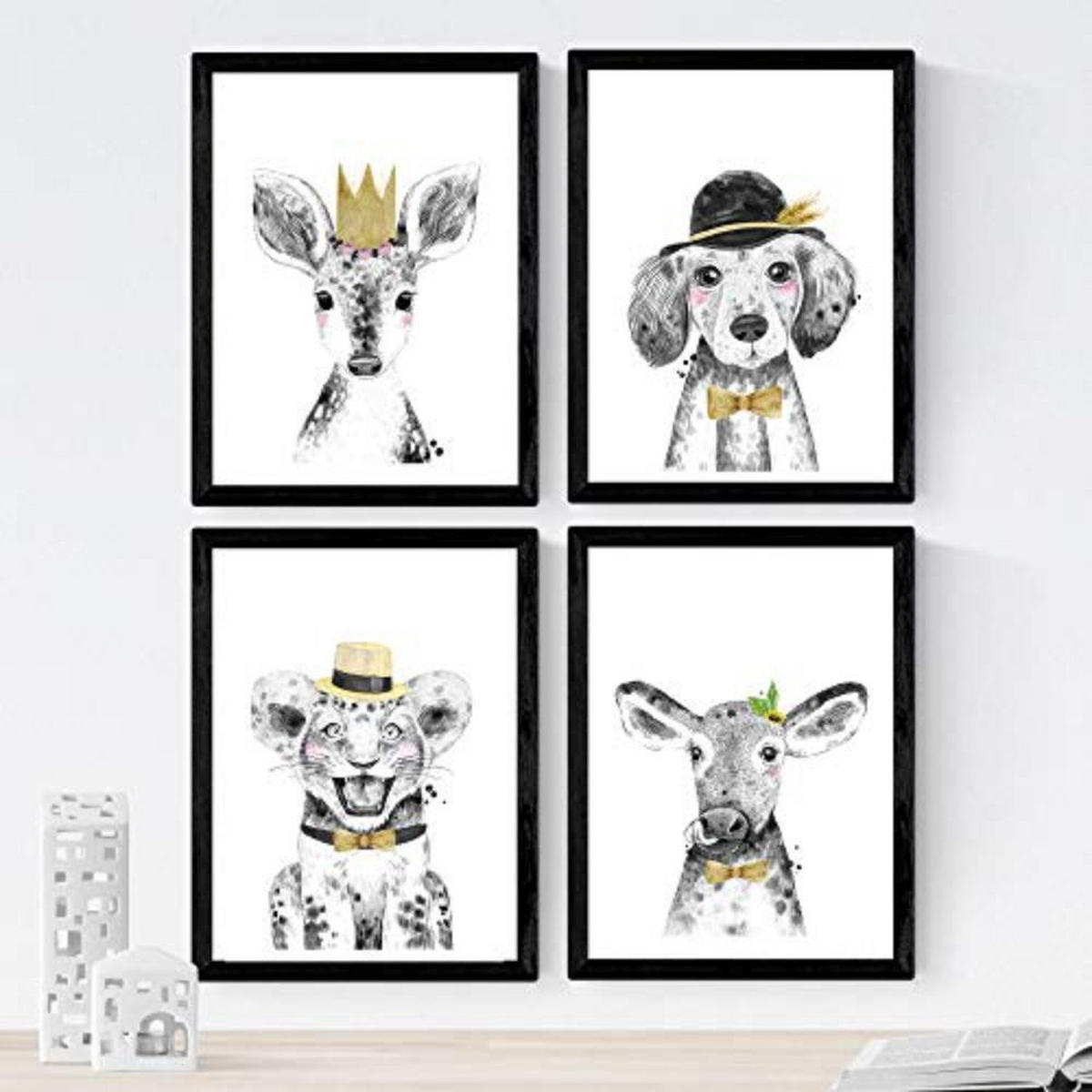 POSTER Set mit 4 von Kindern Tieren gelbe Töne A3 Rahmenlos - Klar, Papier (29.7/3cm) - Nacnic