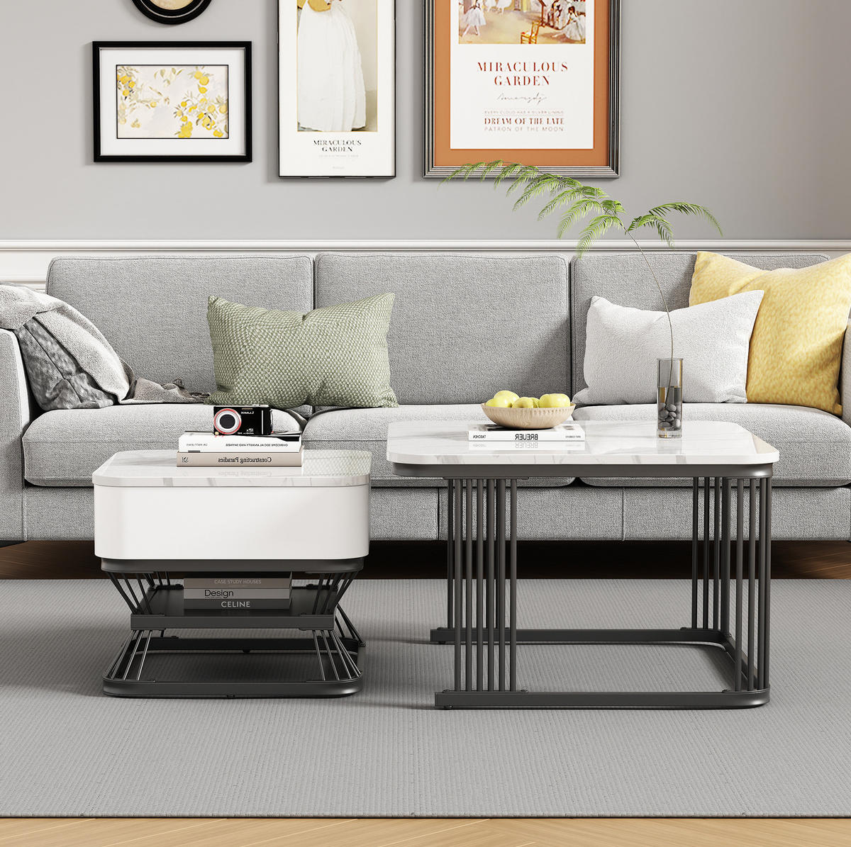 COUCHTISCH-SET aus MDF und Metall 70x70x45+50x50x40 cm Weiß/Schwarz mit 1 Schublade und Hochglanz-Kunstmarmor - Weiß, Glas (70/70/45cm) - Modfu