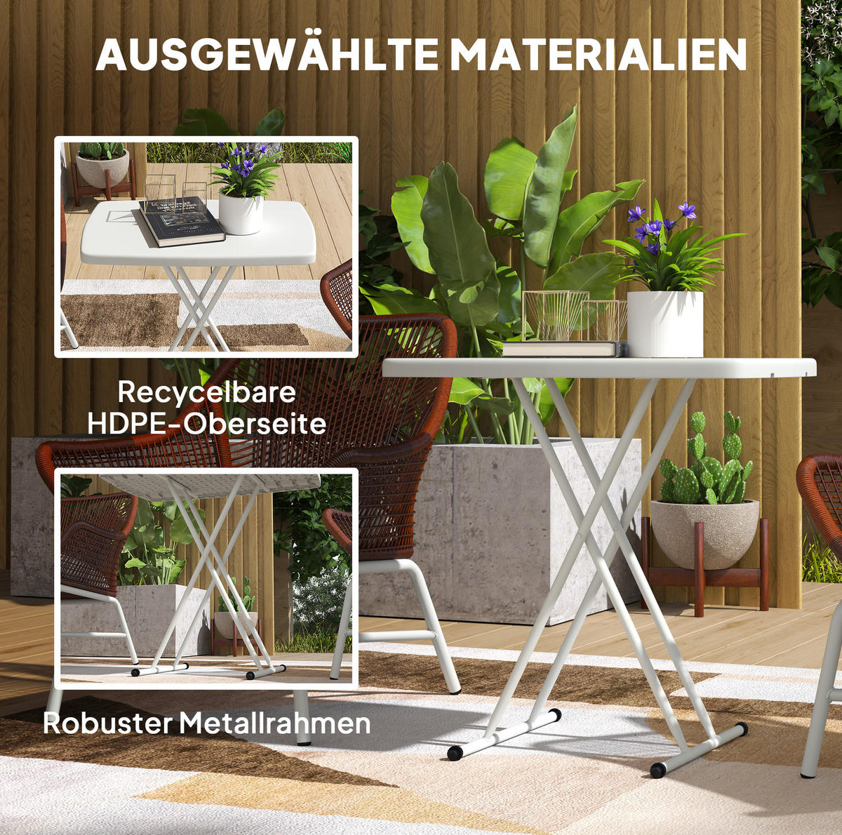GARTENTISCH aus Kunststoff & Stahl 76x50x74 cm Weiß mit Klappdesign - Naturfarben, Metall (76/50/74cm) - Modfu