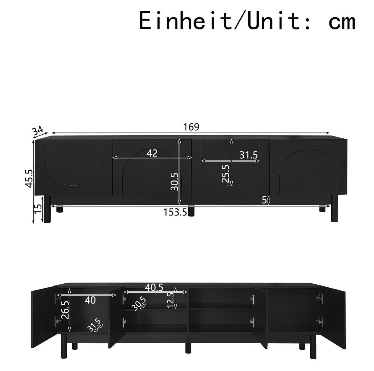 TV-LOWBOARD aus MDF und Holzwerkstoff 169x34x45,5 cm Schwarz mit 4 Türen und viel Stauraum - Schwarz, Holzwerkstoff (169/45.5/35cm) - Modfu