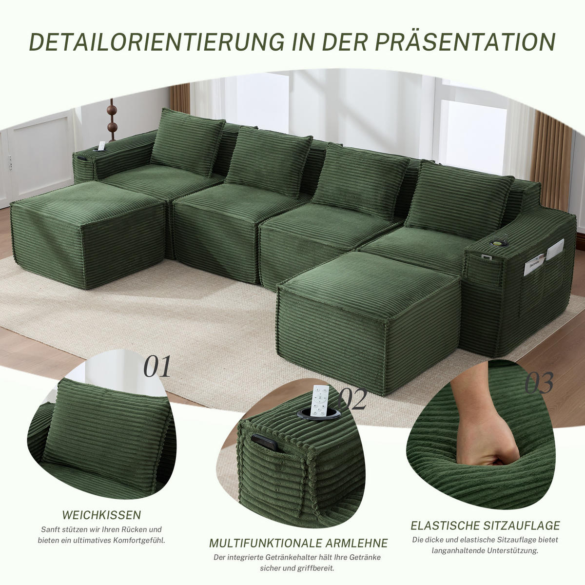 WOHNLANDSCHAFT 330/162/75 cm Grün mit 2 Fußhocker, Getränkehalter und Seitentaschen - Grün, Textil (330/75/162cm) - Oxeza
