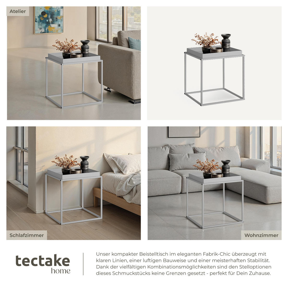 BEISTELLTISCH Cambridge,40 x 40 x 44 cm,grau - Grau, Metall (40/40/44cm) - tectake