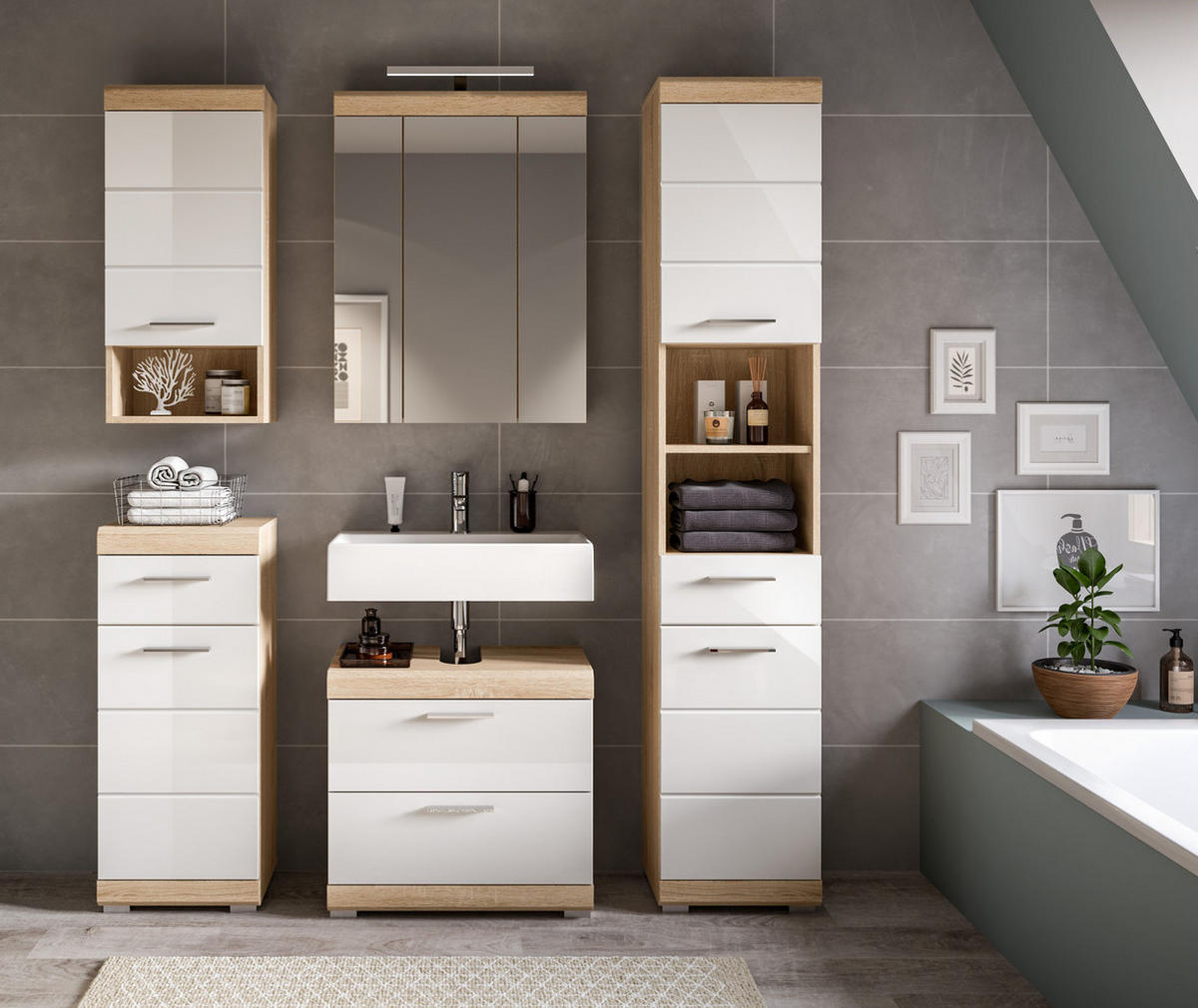 BADMÖBEL-SETWEISS Hochglanz, Eiche 5-teilig 164 cm, Komplettset mit viel Stauraum - Weiß Hochglanz/Eichefarben, Holzwerkstoff (164/191/37cm) - Inn.Furn
