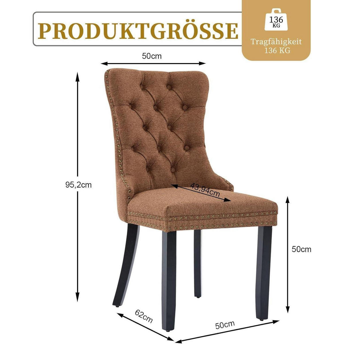 ESSZIMMERSTÜHLE 6er Set Braun Leinenstoff Massivholzbeine - Braun, Textil (44.5/97.5/54.6cm)