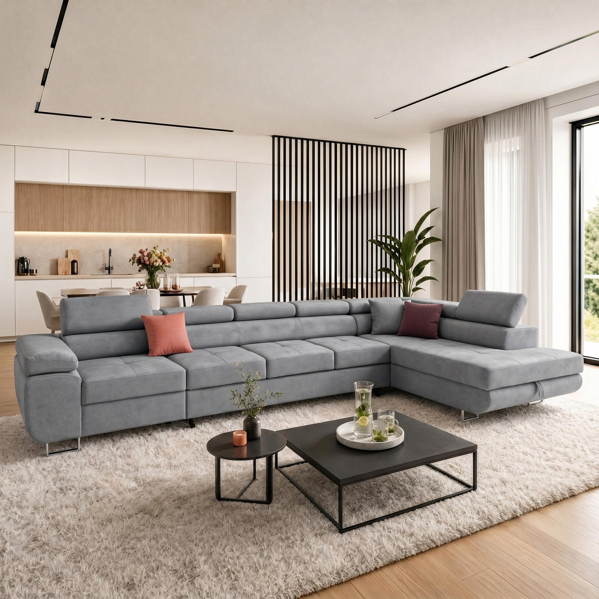 ECKSOFA WILD XXL Rechts mit Schlaffunktion 125x240 Velours Grau - Silberfarben/Grau, Holz/Textil (200/400cm) - Muffo