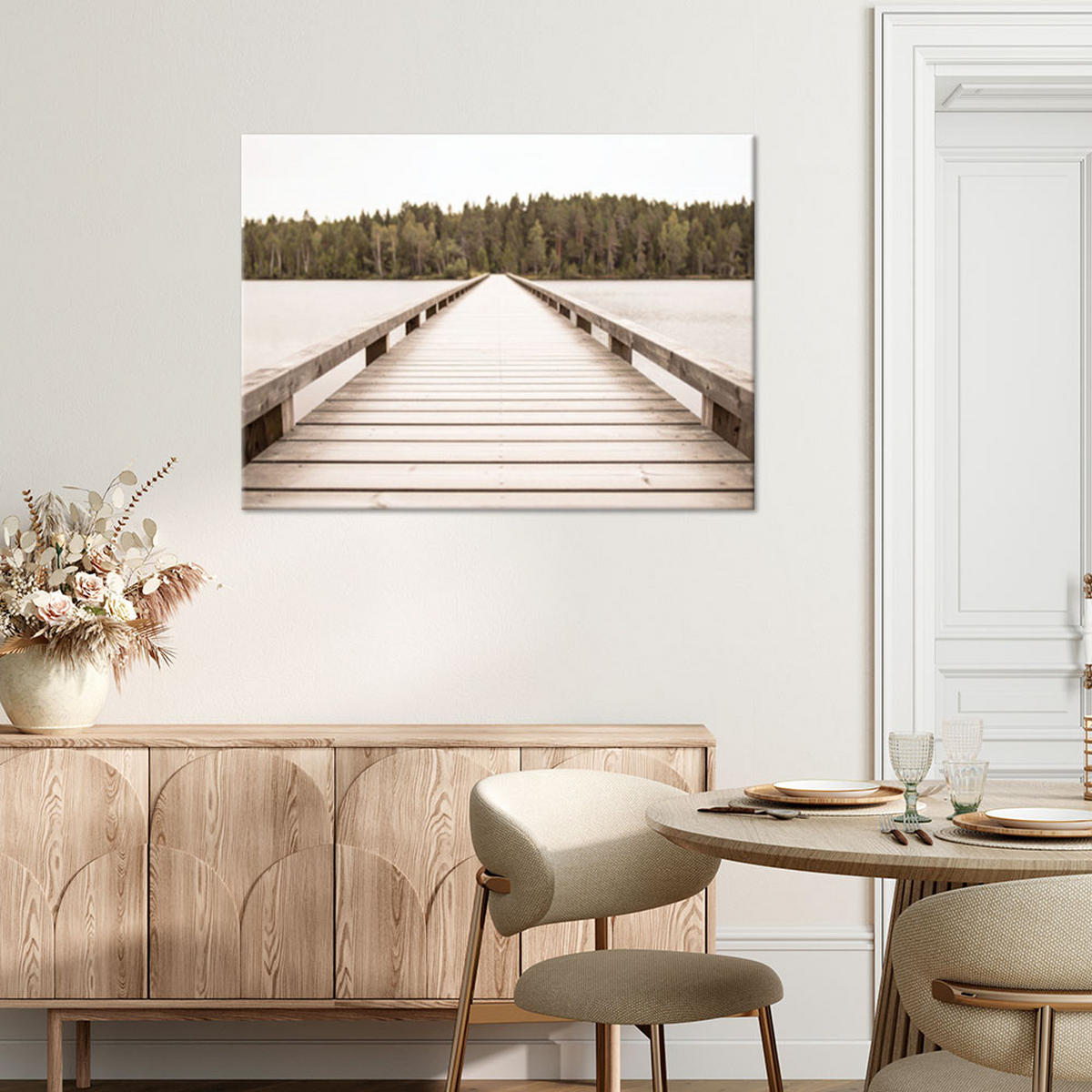 LEINWANDBILD Pier See Wald Landschaft beige 90x60cm - Beige, Textil (90/60cm) - Feeby