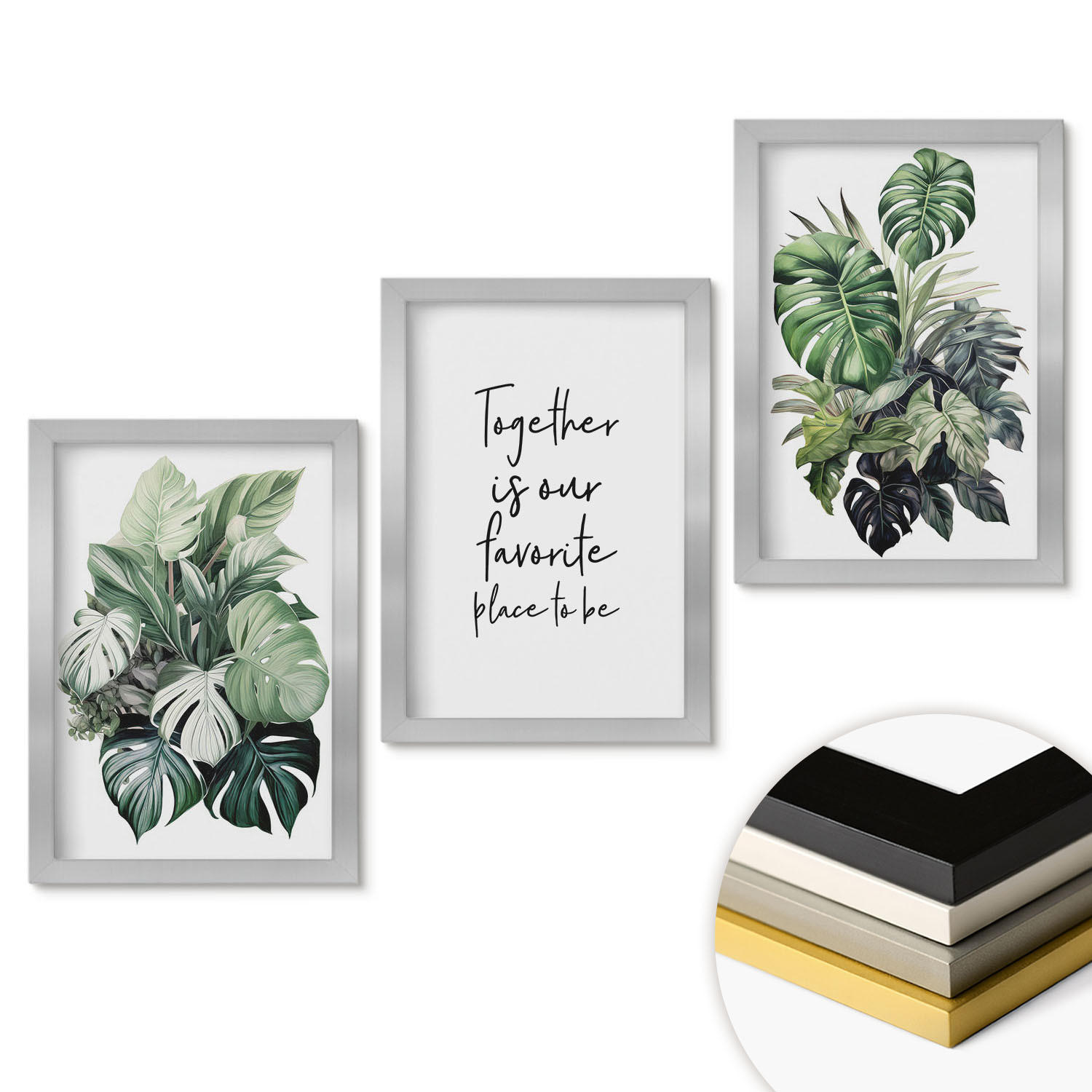 WANDBILDER 3er Set - 20x30 cm Silberner Rahmen - Grüne Blätter tropischer Pflanzen - Silberfarben, Kunststoff (20/30cm) - ArtPrintCave