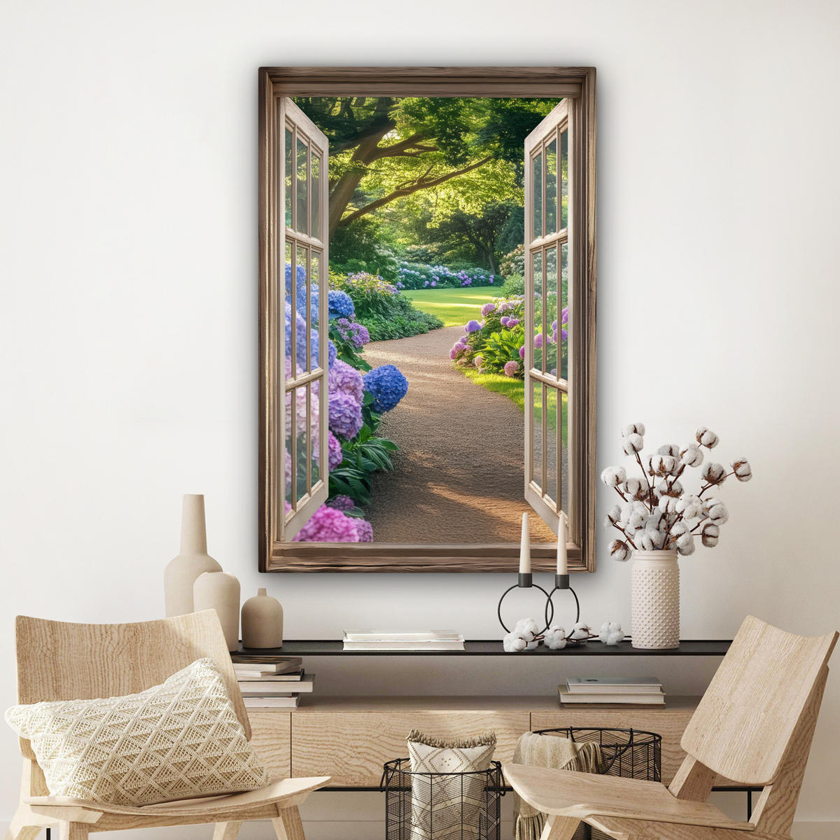 LEINWANDBILD Aussicht - Garten - Fenster - Hortensie - Blumen Deko XXL 80x120 cm - Pastellblau, Textil (80/120cm) - MuchoWow