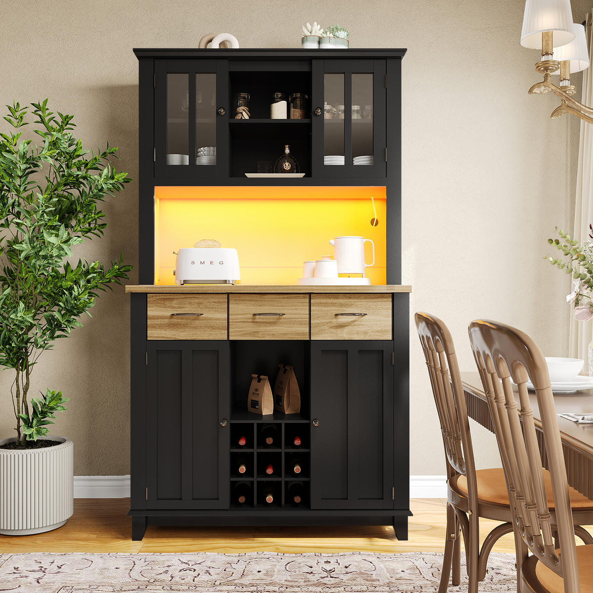 KÜCHENBUFFET 106/40/179,5 cm schwarz aus MDF mit LED - Schwarz, Holzwerkstoff (106/179.5/40cm) - OKWISH