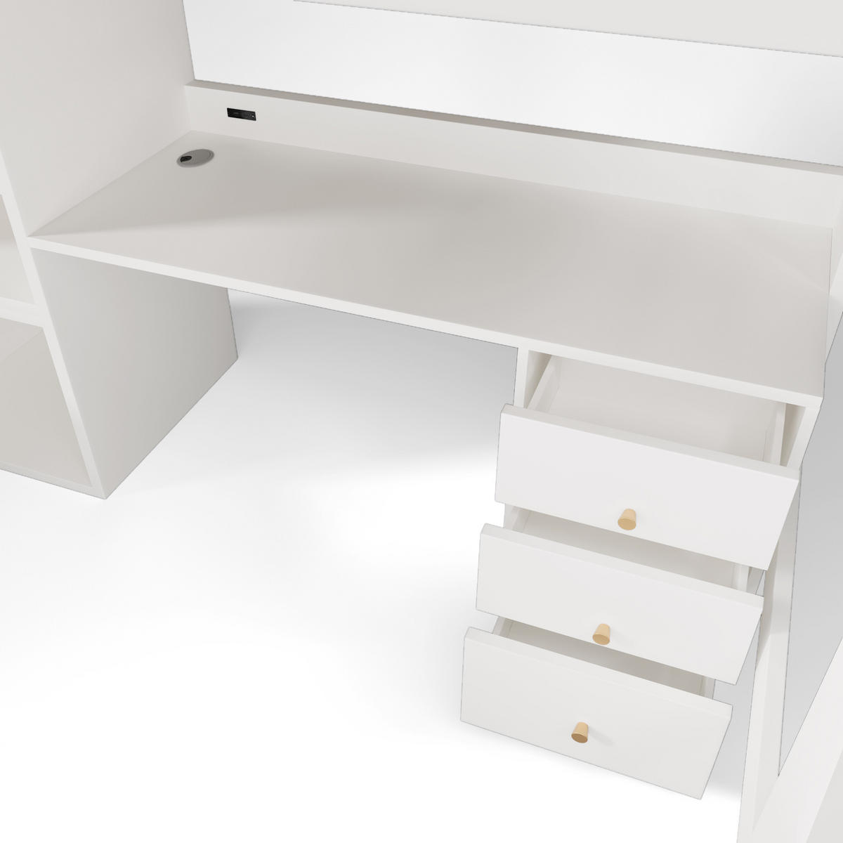 KINDEREINZELBETTEN aus MDF und Spanplatte 90x200 cm in Weiß mit Schreibtisch & USB/Type-C - Weiß, Holzwerkstoff (90/200cm) - Modfu