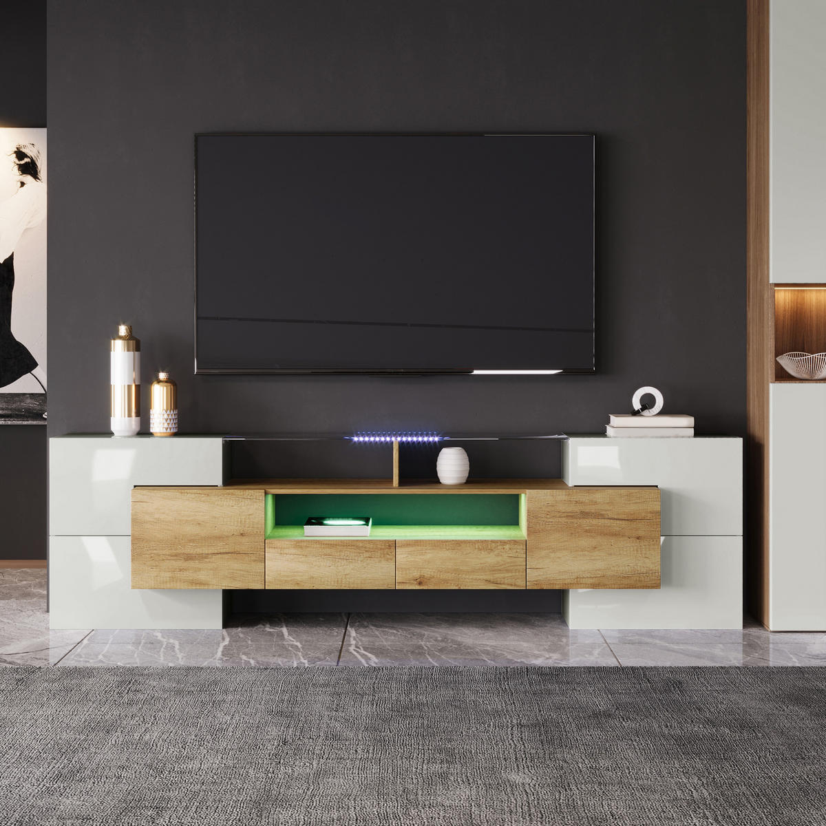 TV-ELEMENT 200 cm Hochglanz Weiß mit LED-Beleuchtung und Stauraum - Weiß, Holzwerkstoff (35/60/200cm) - Korfee