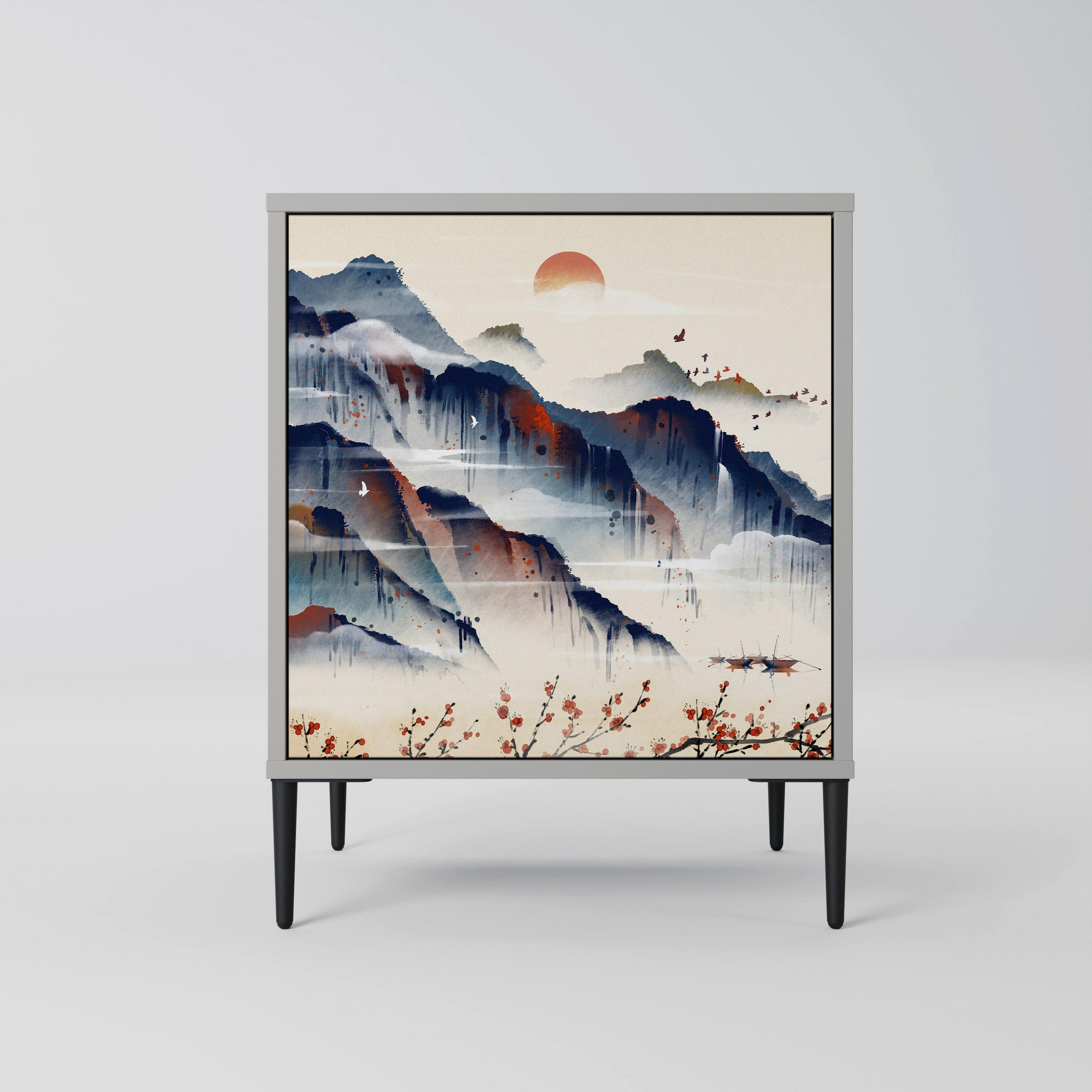 SIDEBOARD JAPANESE LANDSCAPE, Grau, 57,5x42x72,5 cm, Schwarze Metallfüße - Multicolor/Schwarz, Holzwerkstoff/Metall (57.5/72.5/42cm) - SpaceRebels
