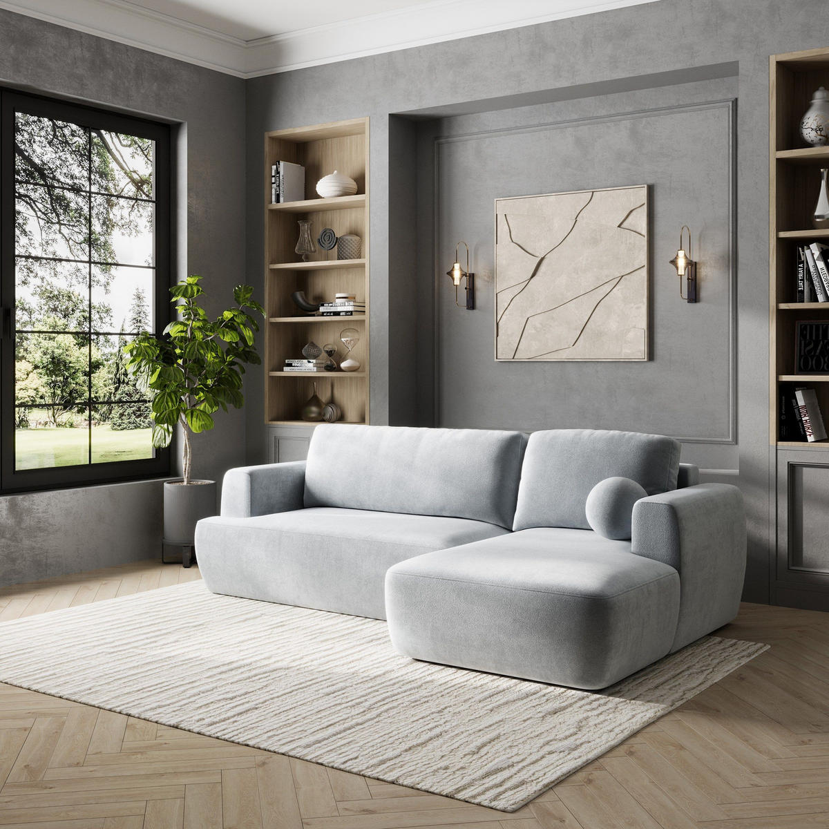 ECKSOFA SENTI K R-S Hellgrau Plüsch-Stoff mit Schlaffunktion - Hellgrau, Holz (246/148cm) - MASSENO