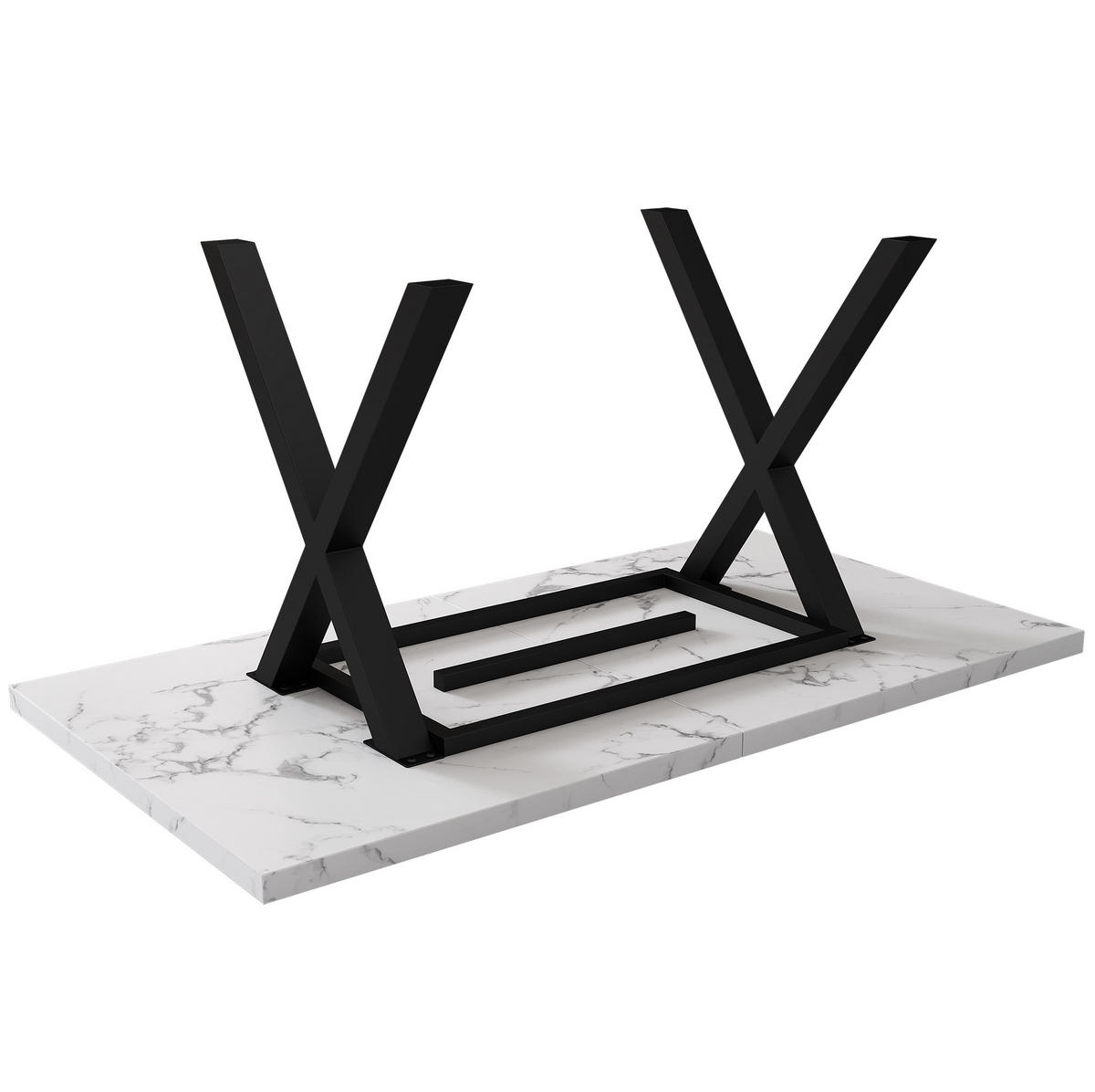 JÍDELNÍ stůl z MDF a oceli 140x80x76 cm bílý mramorový dekor a černá s křížovou podnoží a všestranným využitím - bílá, kompozitní dřevo (140/80/76cm) - Modfu