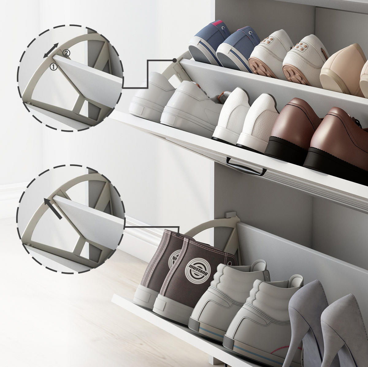 SCHUHSCHRANK 80/131/23,5 cm Weiß aus Spanplatte mit 3 Klappen und 2 Schubladen - Weiß, Holzwerkstoff (80/131/23.5cm) - OKMYHOME